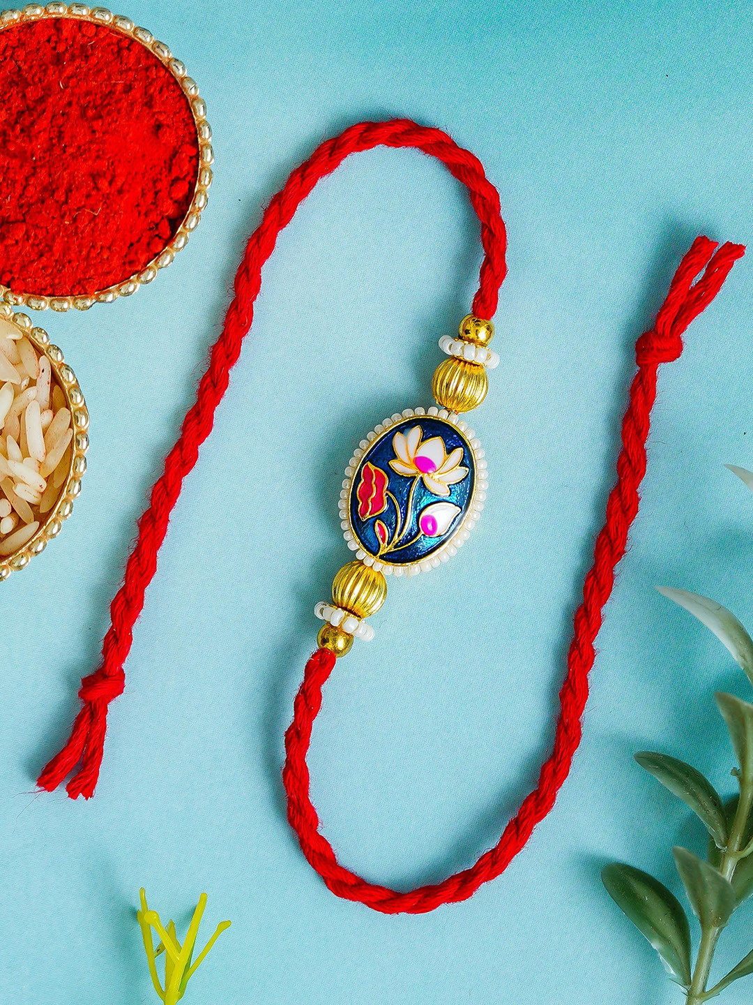 ahoora Kundan Studded & Pearls Beaded Thread Rakhi With Chawal & Kumkum