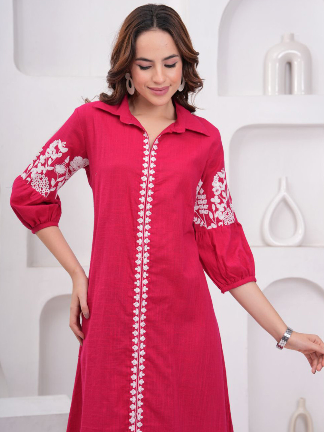 Zenava by Myntra Women Floral Embroidered Slits A-Line Midi Dress