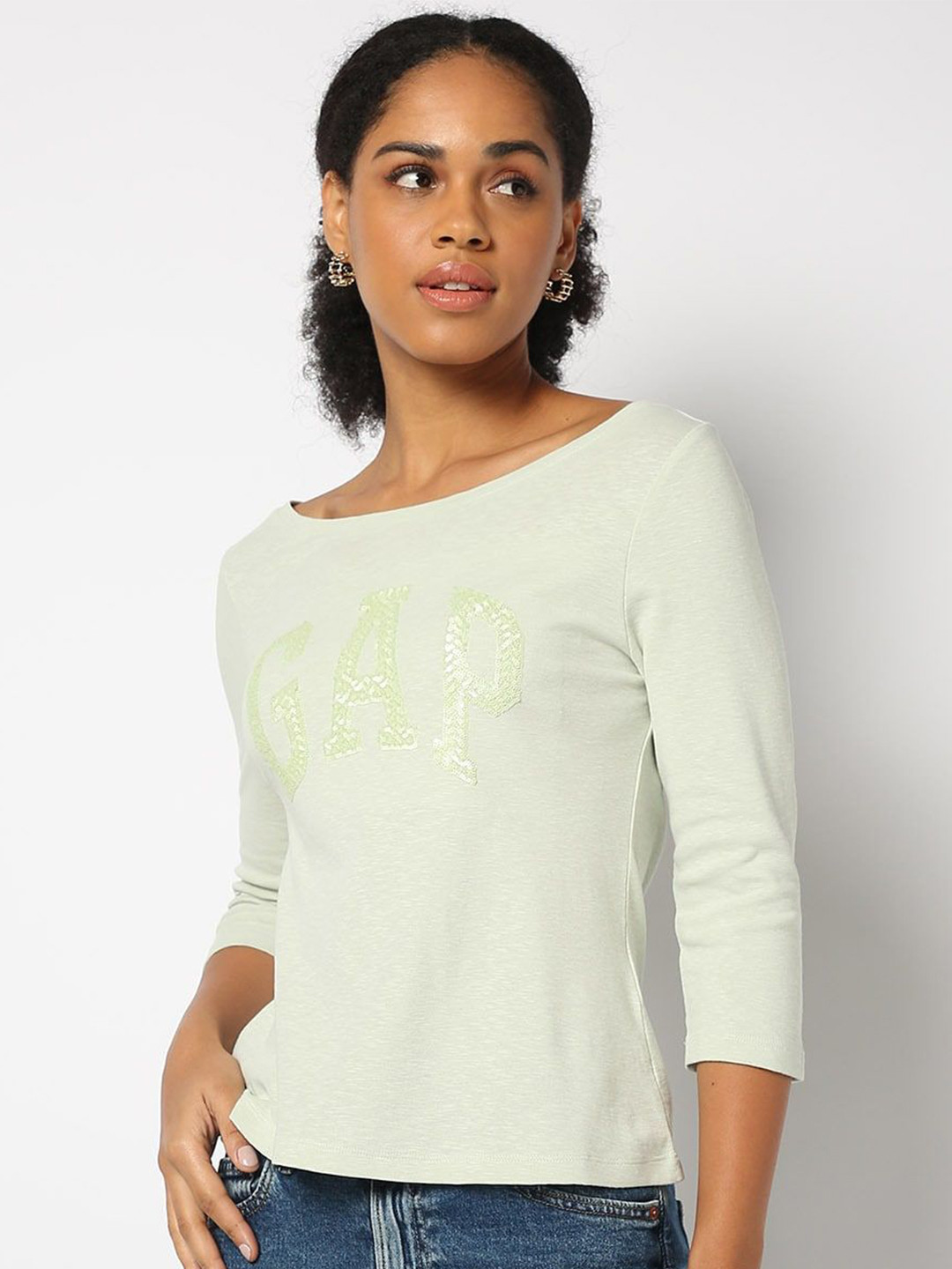 GAP Women Brand Logo Printed Boat Neck T-shirt