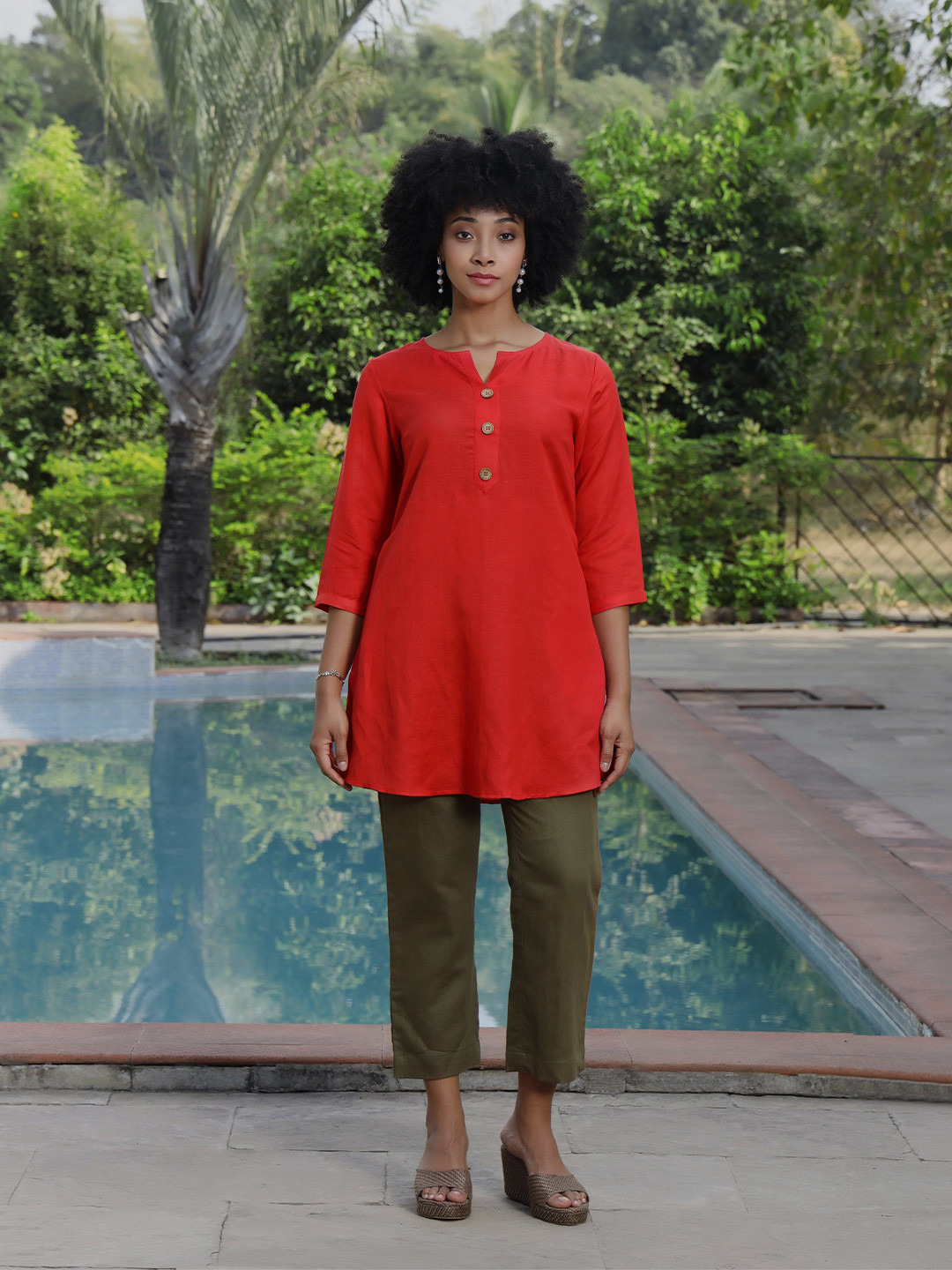 ROAR FOR GOOD Cherry Hemp Short Kurti with Round Neck Coconut Button & Side Pockets