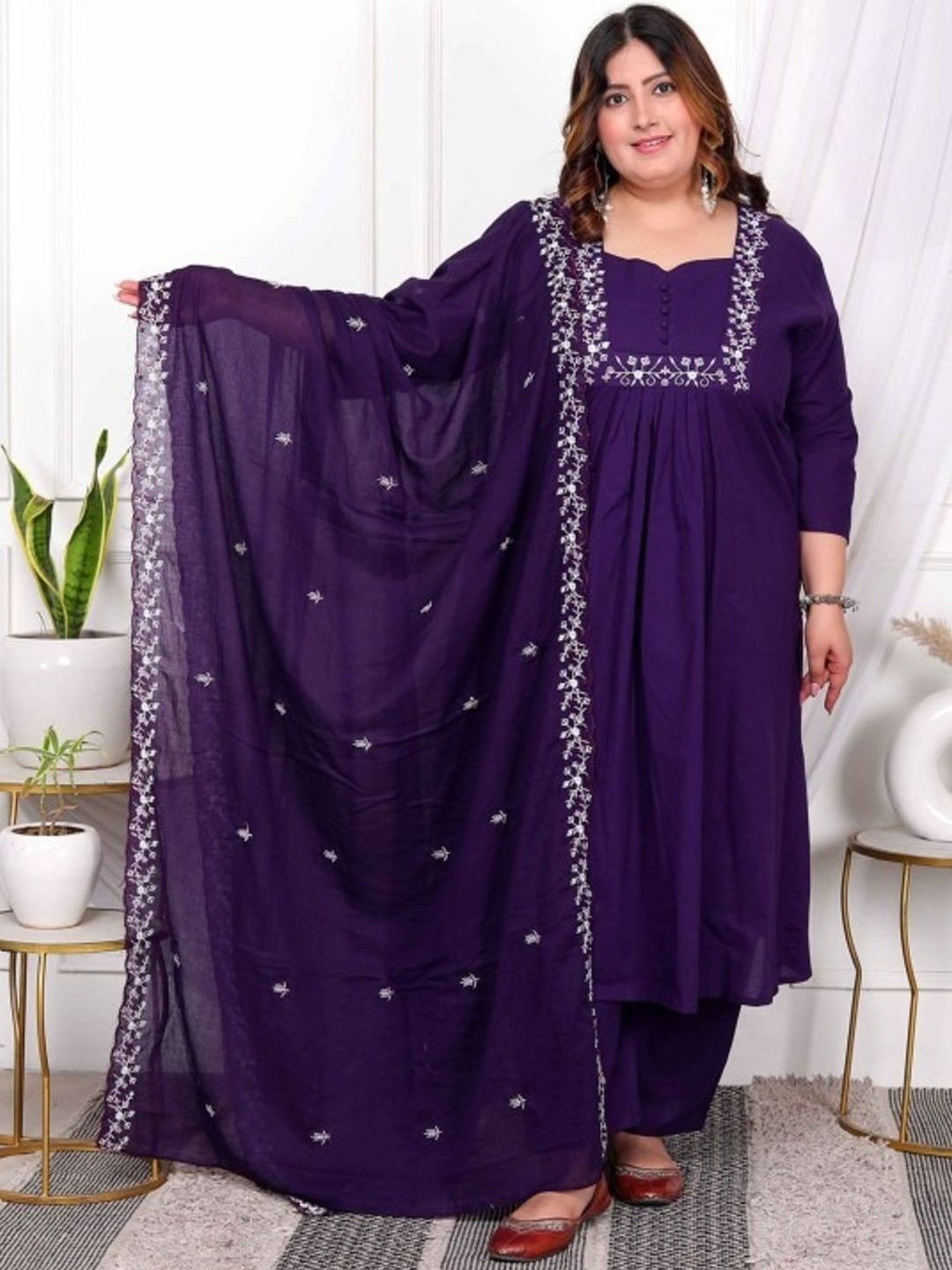 MISS CLOTHING Plus Size Floral Embroidered Sweetheart Neck Kurta With Trousers & Dupatta