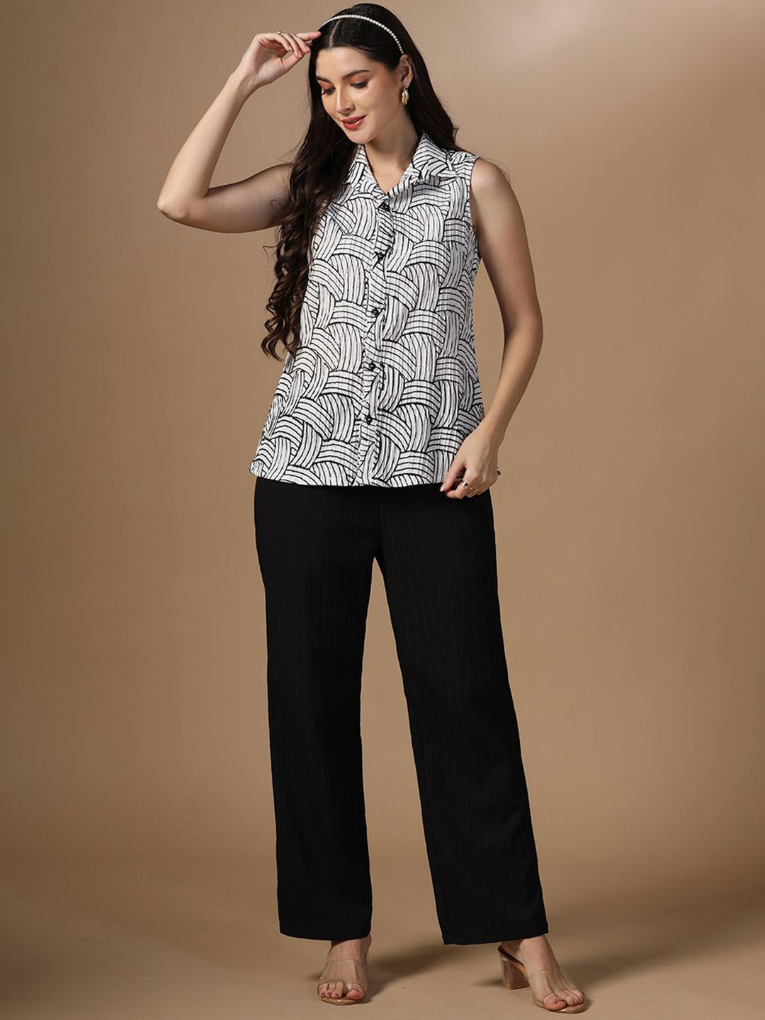 OMPAX Embroidered Collard Neck Sleeveless Top With Trouser Co-Ords