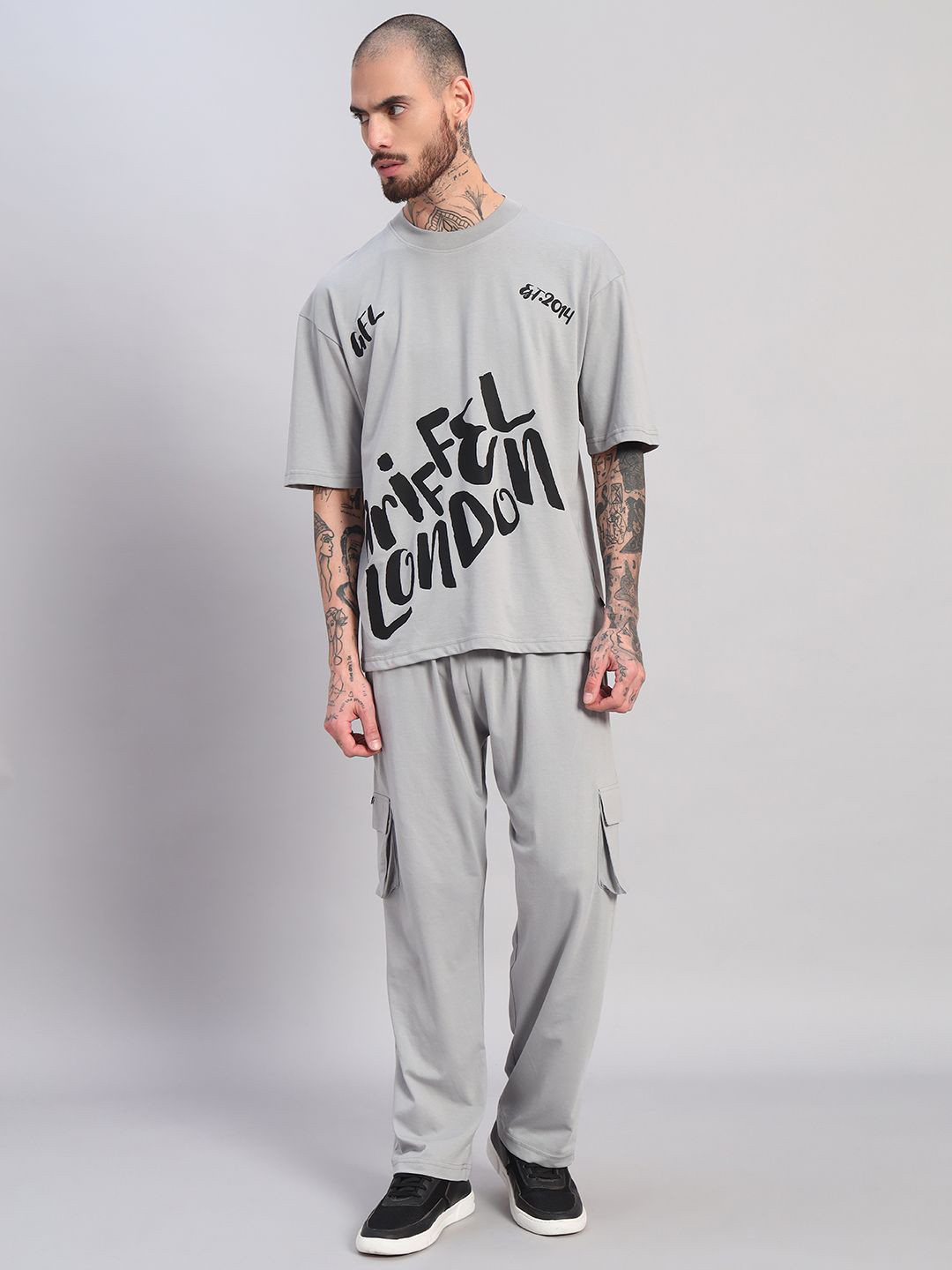 GRIFFEL Self-Design Pure Cotton T-Shirt & Track Pants Co-Ord Set