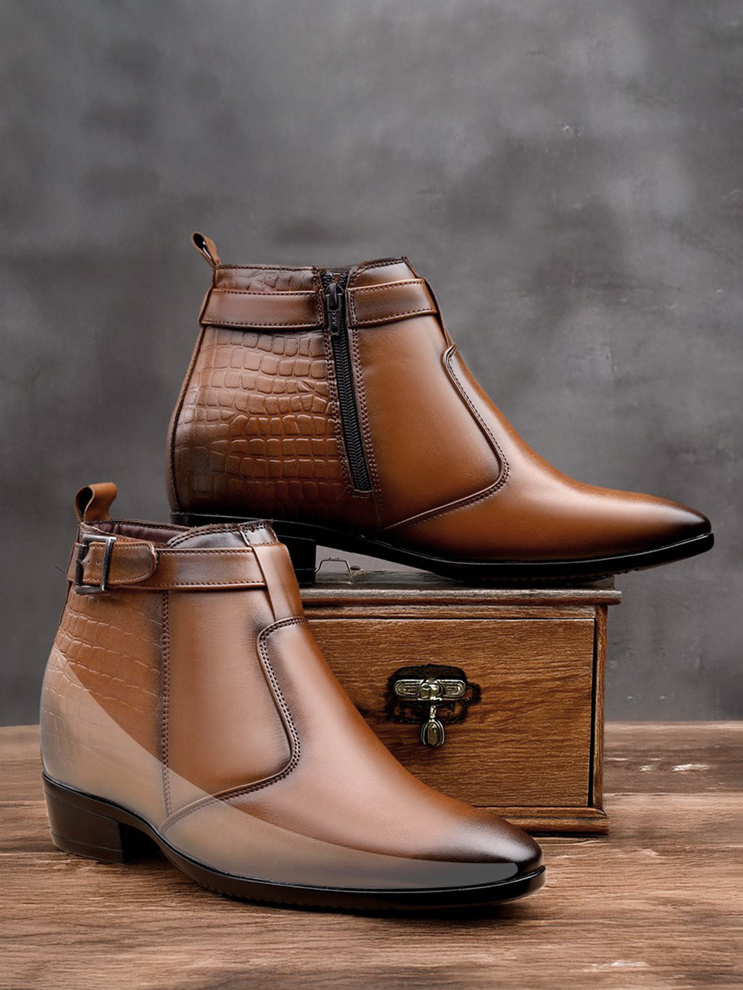 Bxxy Men 9 Cm Hidden Height Increasing Block-Heeled Buckle And Zip Formal Boot