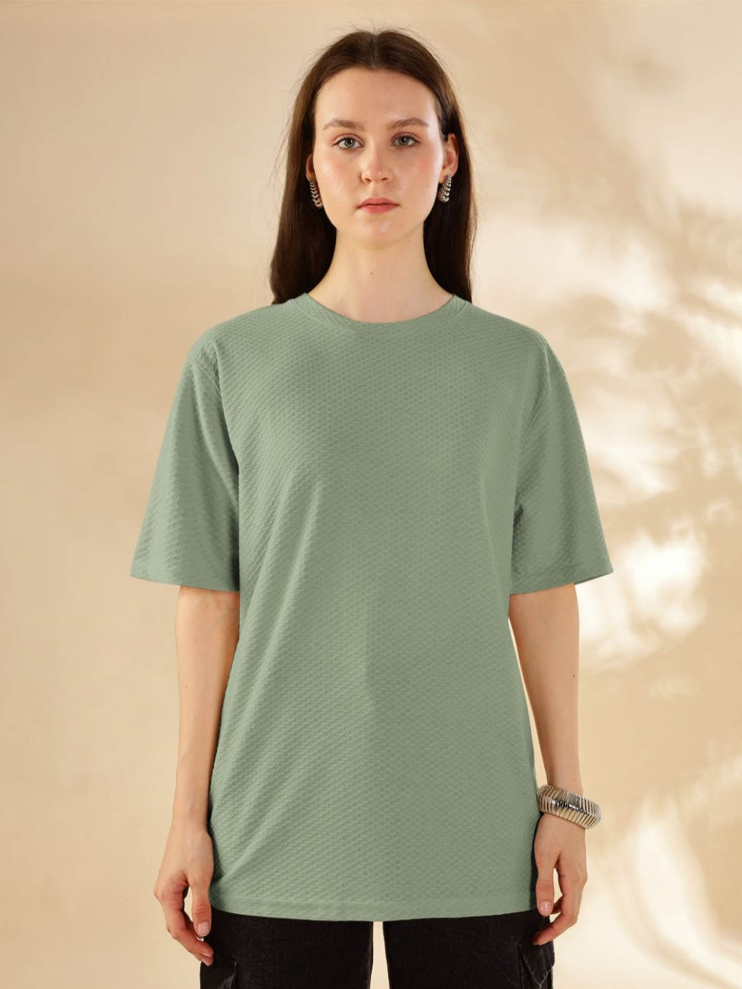 HELLCAT Self Design Round Neck Short Sleeves Oversized T-Shirt