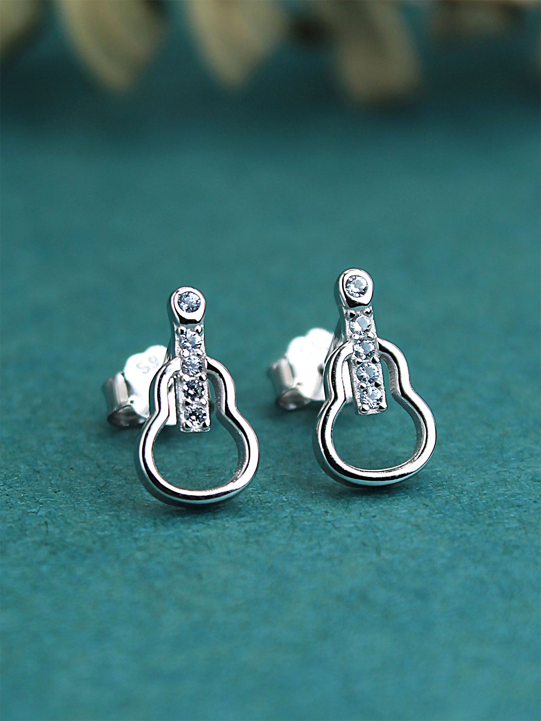 DEVASHREE Sterling Silver Rhodium Plated Cubic Zirconia Stones Studded Quirky Studs