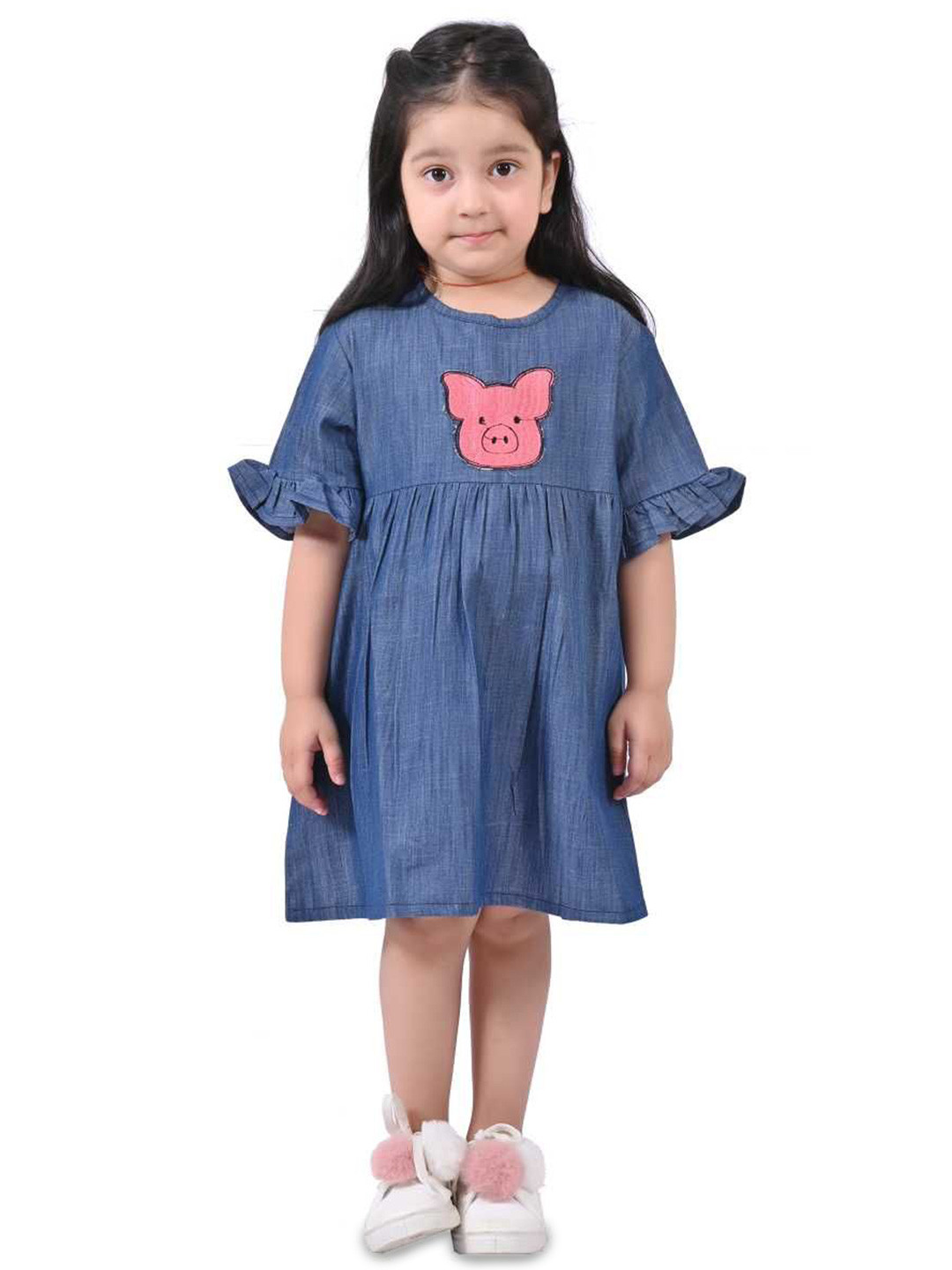 Cloth Bites Girls Animal Embroidered Denim A-Line Dress