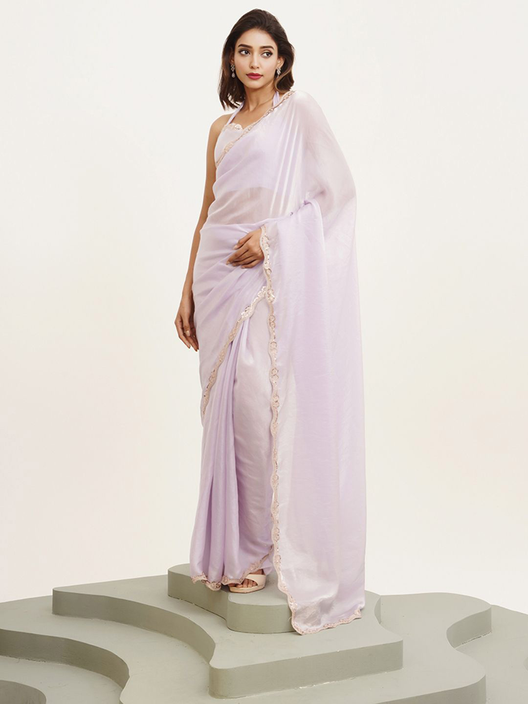 Mitera Solid Lavender Saree With Embellished Sequinned Border Organza Saree
