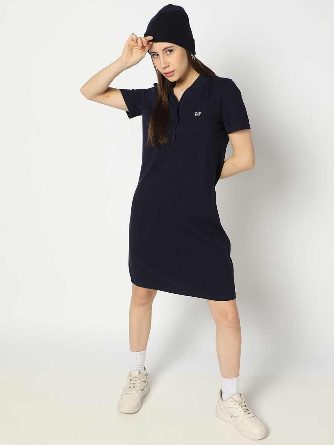 GAP Polo Neck Pure Cotton Shirt Collar T-shirt Midi Dress