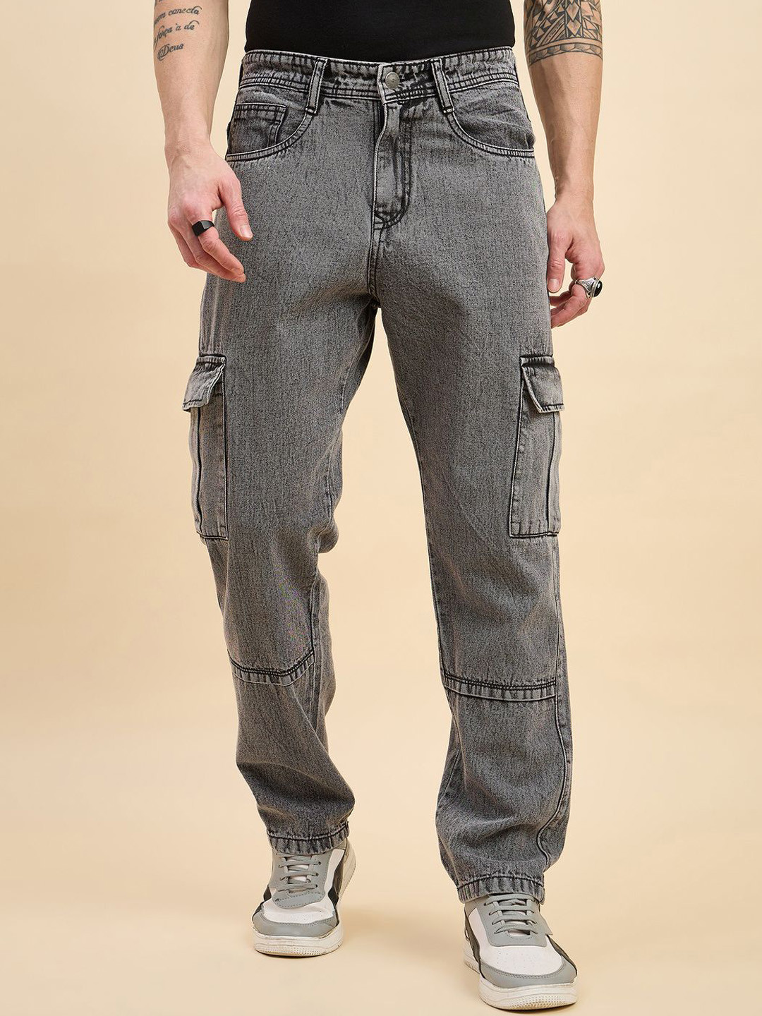 STUDIO NEXX Men Straight Fit Mid-Rise Acid Wash Cargo Style Jeans