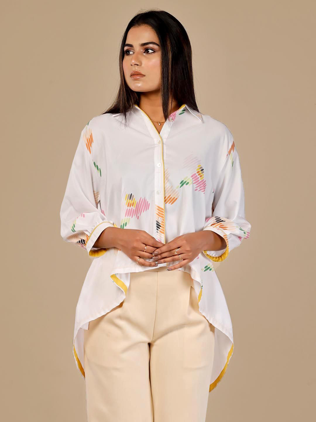 Bunosilo Lines In Bloom Women White Pink  Printed High Low Button Down Tailored Top