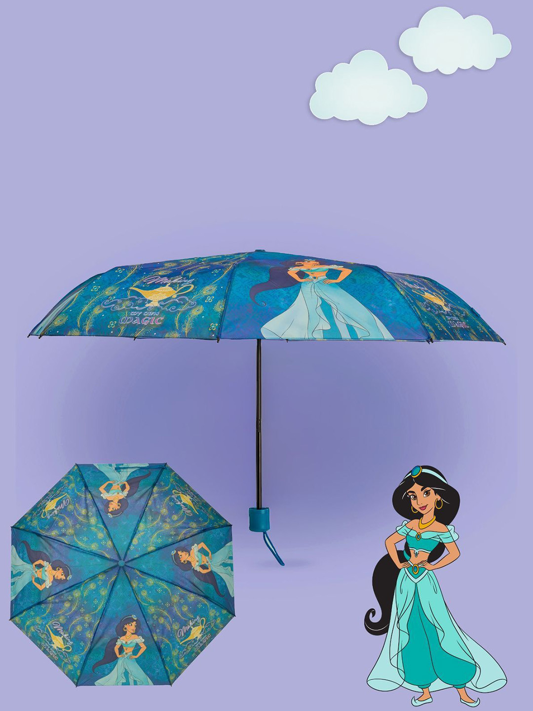 Disney By Yellow Bee Girls Blue & Green Jasmine Magical Printed Manual 2 Fold Umbrella