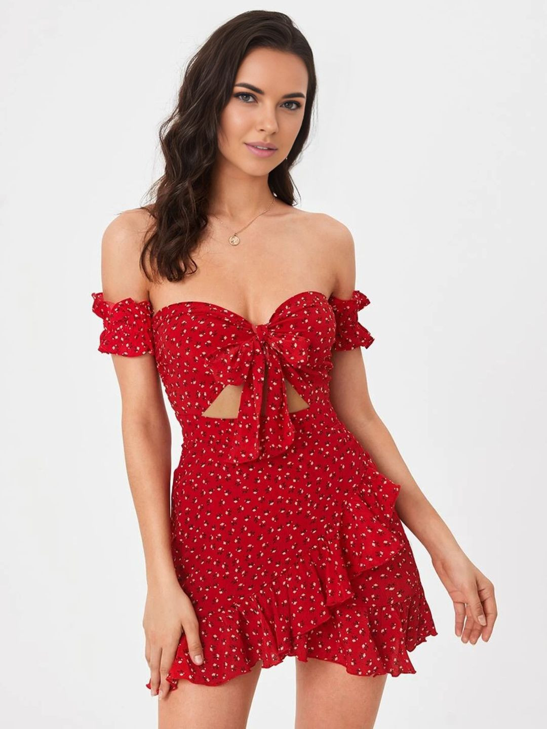 Berrylush Women Floral Printed Off-Shoulder Ruffled Wrap Mini Dress
