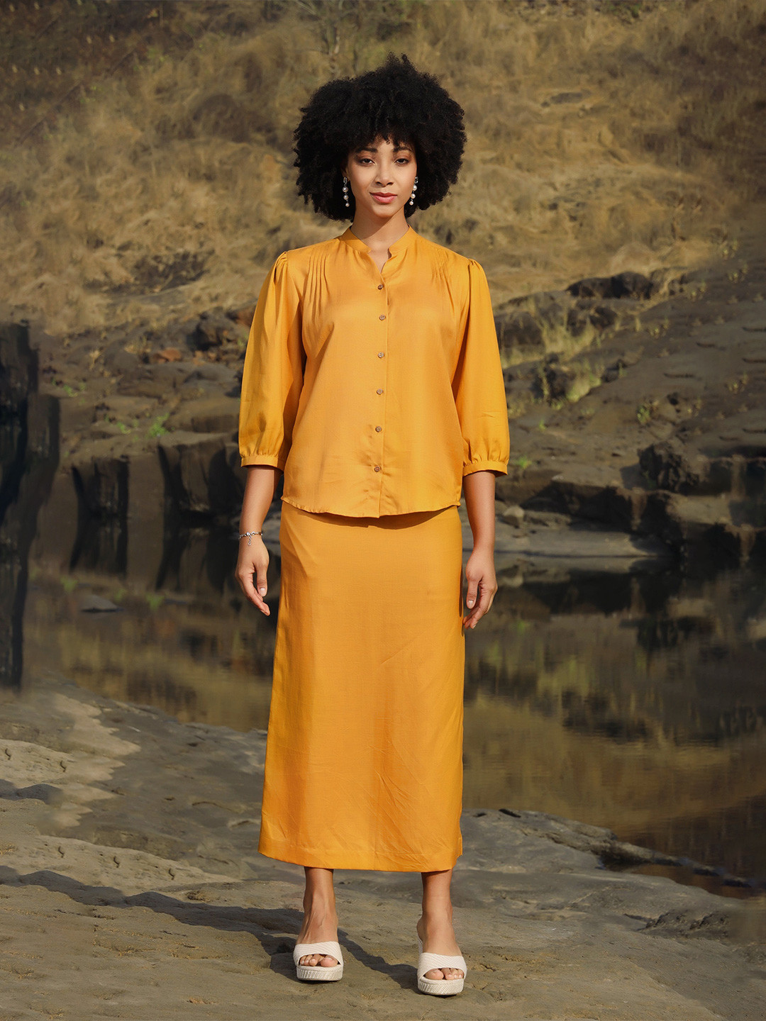 ROAR FOR GOOD Mustard Hemp Pleated Top with Stand Collar & Coconut Button