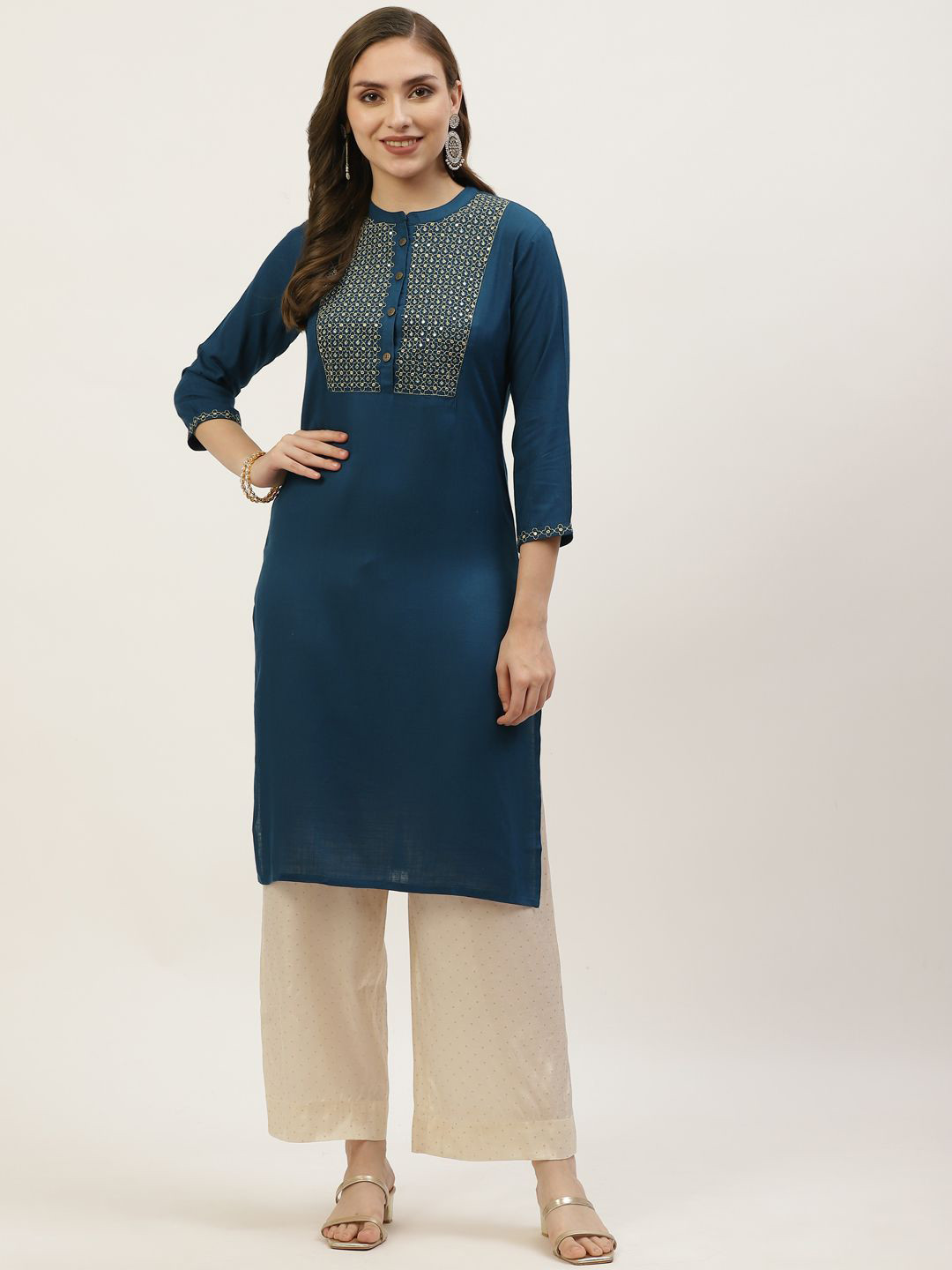 HISHAM Floral Yoke Design Mandarin Collar Thread Work Straight Kurta