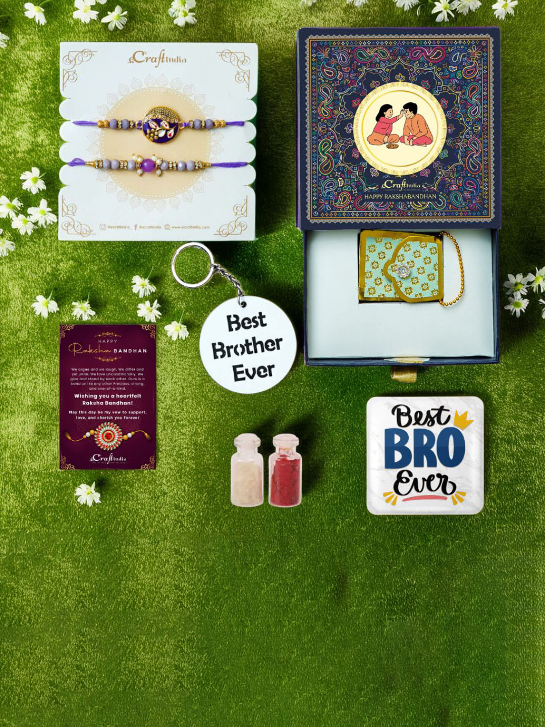 eCraftIndia 2Pc Rakhis Magnet Keychain Card & Roli