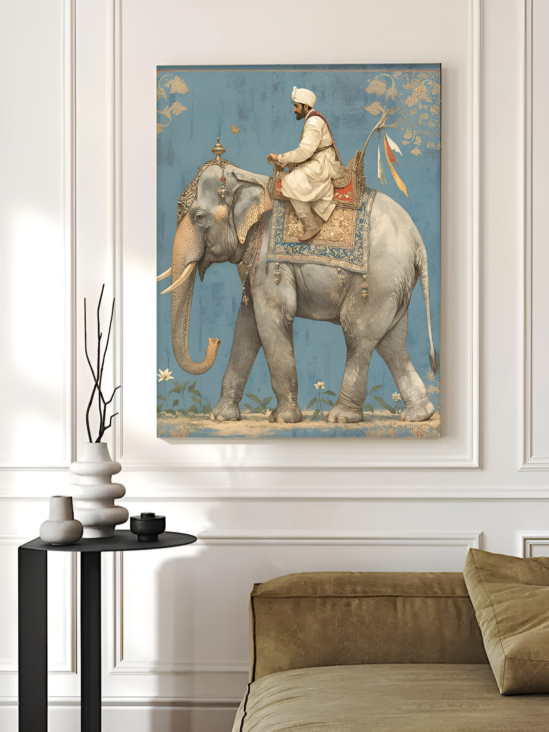 Myntra Elegant Homes Blue & Grey Digital Indian Art Man Riding Elephant Canvas Wall Art