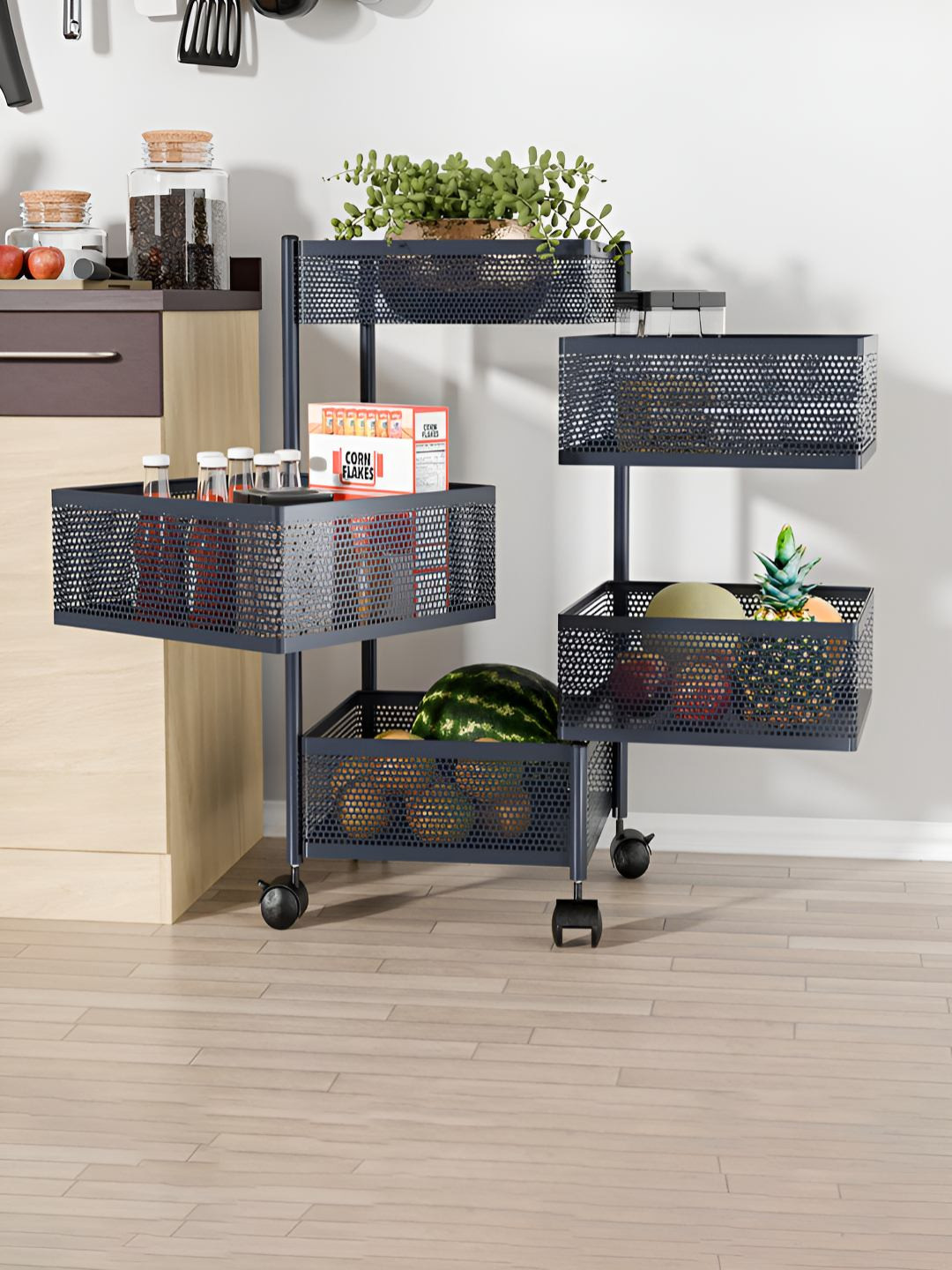 RUBOXA Grey Metal 4+1 Layer Storage Rack with Wheels Square Shape Kitchen Trolley