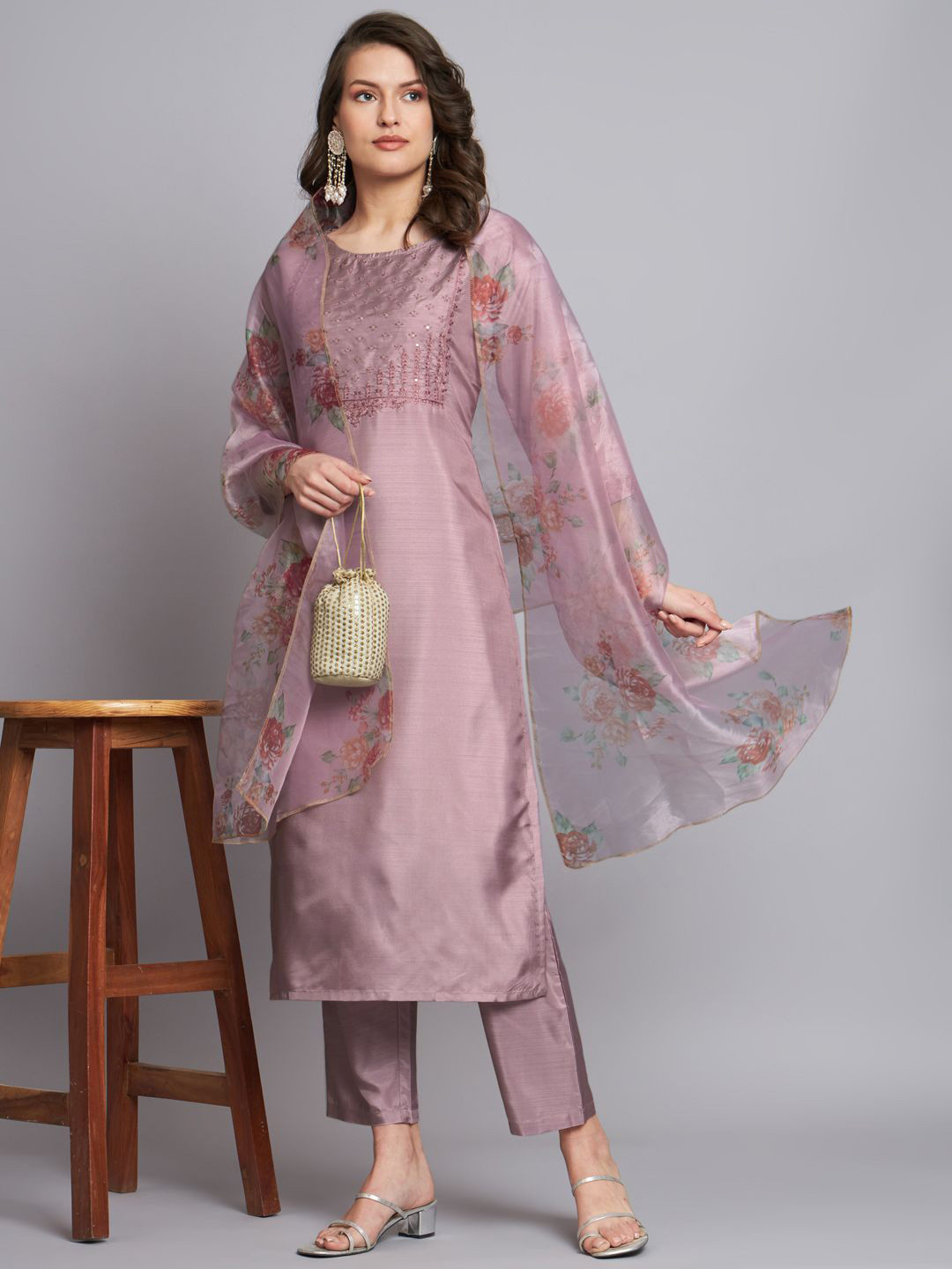 VredeVogel Women Chanderi Modal Butti Straight Kurta Pant Set with Dupatta