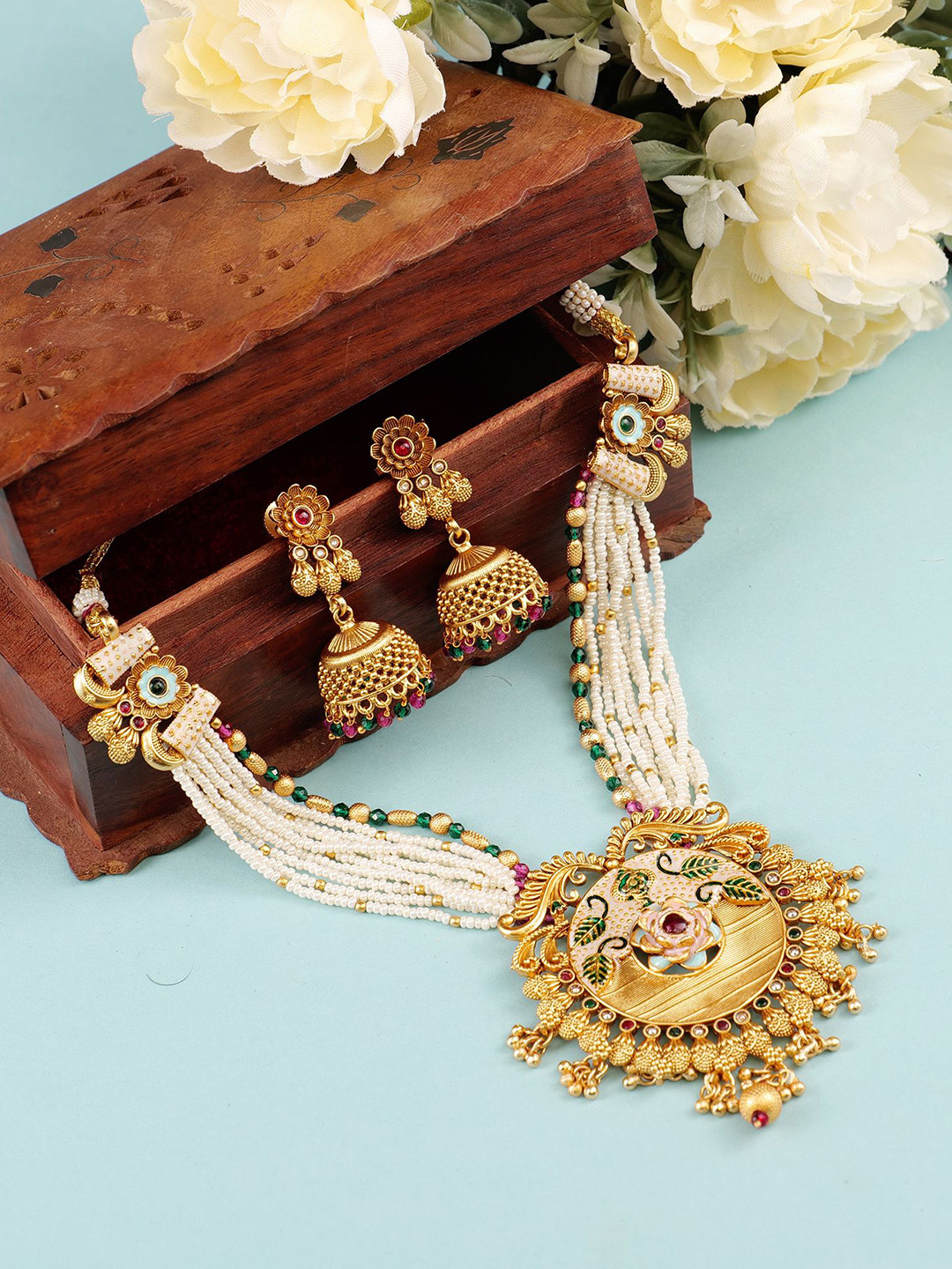 JIYANSHI FASHION Copper-Plated Beads & Stone Studded Jewellery Set