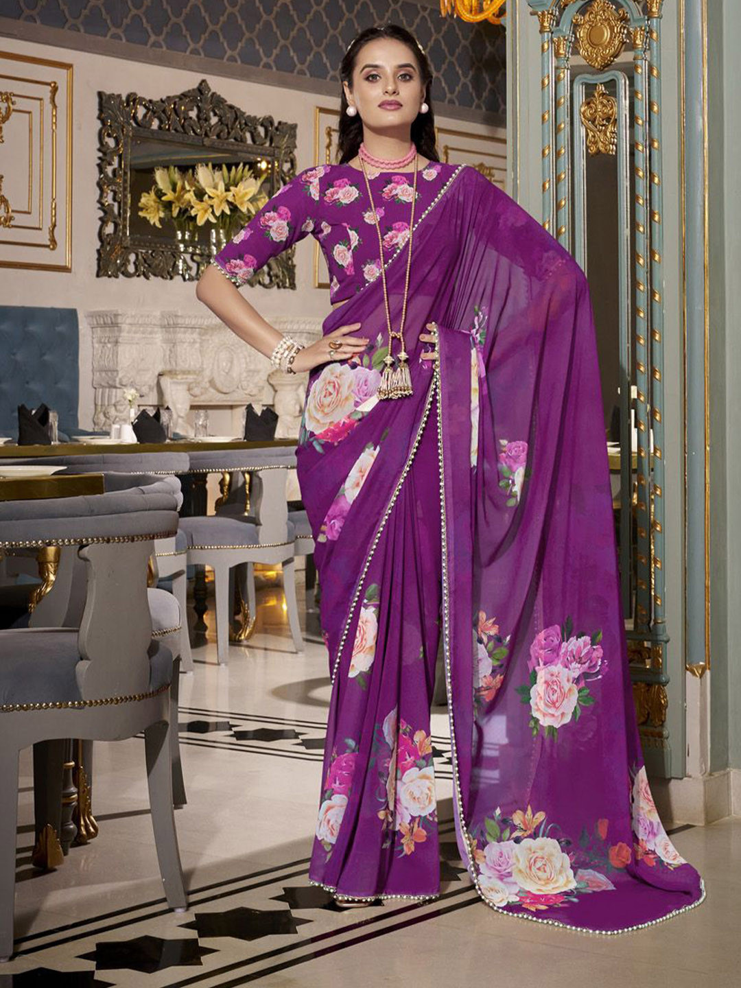 MADHAVPRIYA Floral Printed Pure Georgette Tussar Saree