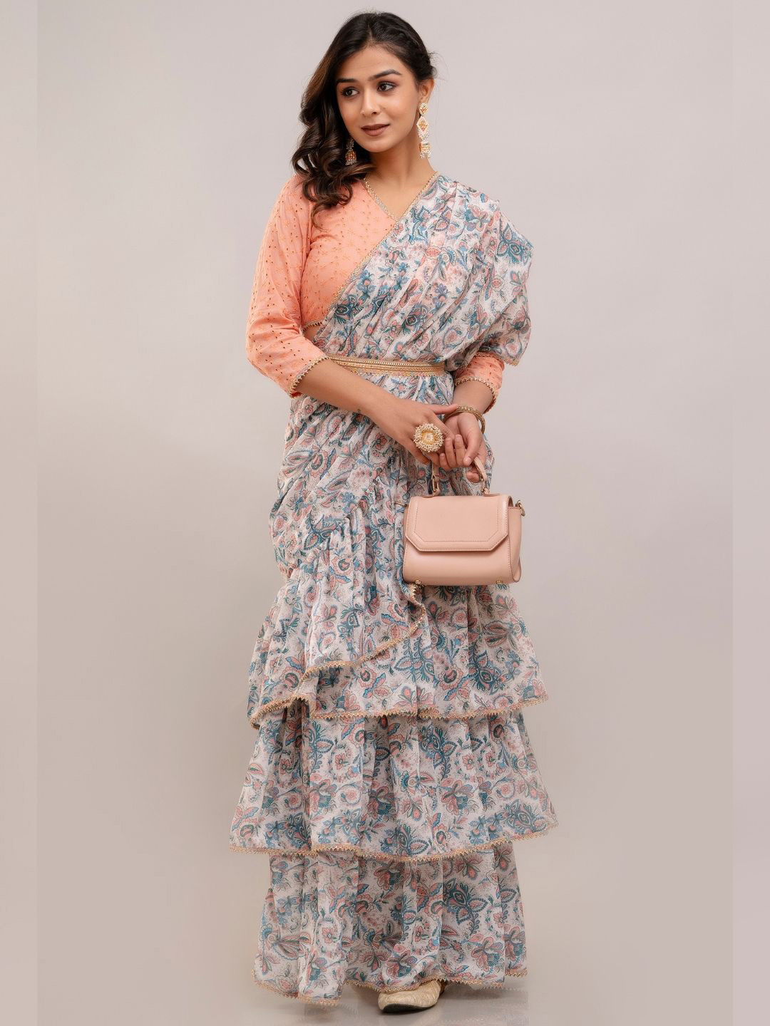 HERE&NOW Paisley Chikankari Pure Georgette Block Print Saree