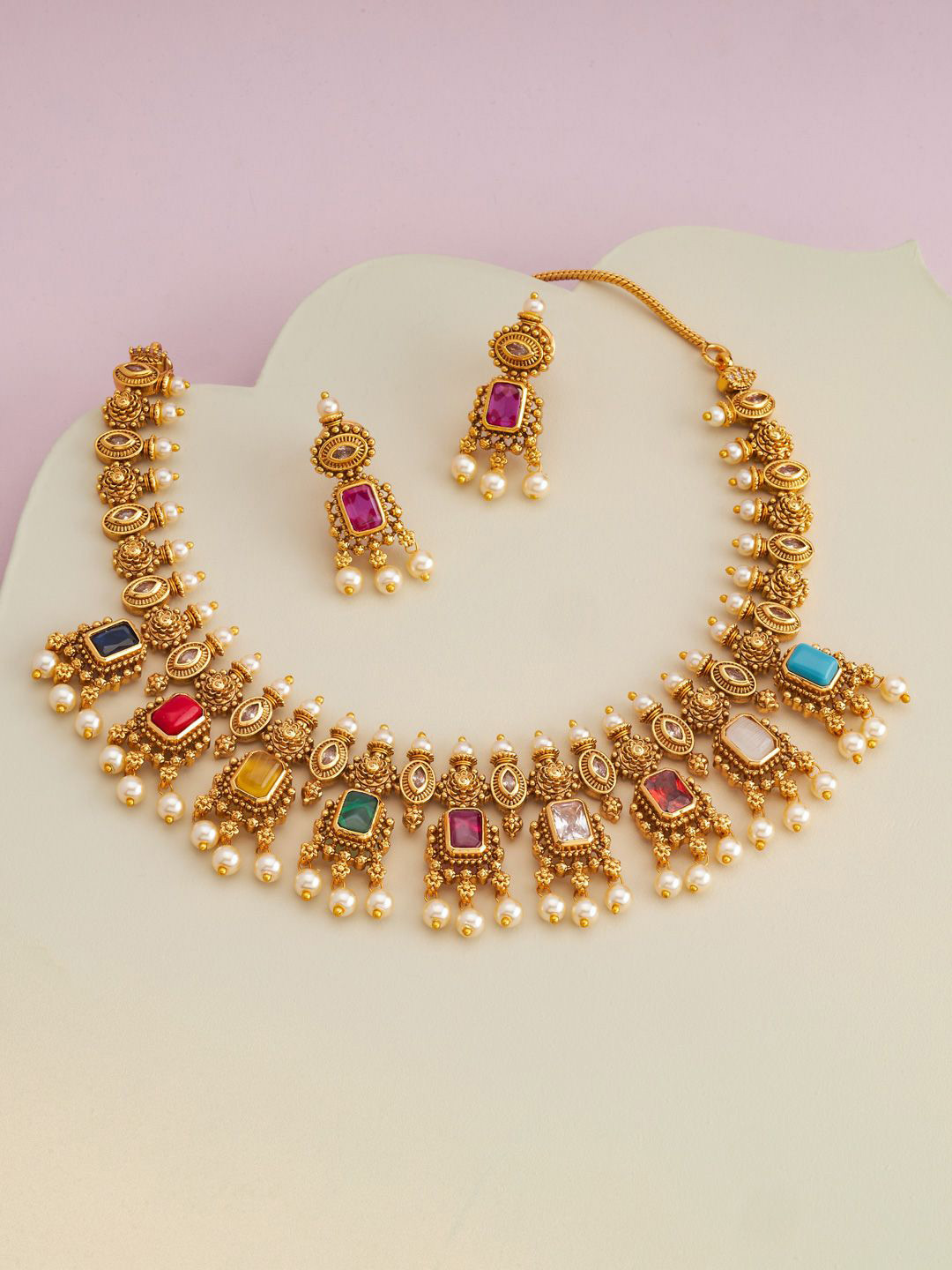 Kushal's Fashion Jewellery Navaratna Gold-Plated Ethnic Antique Jewellery Set