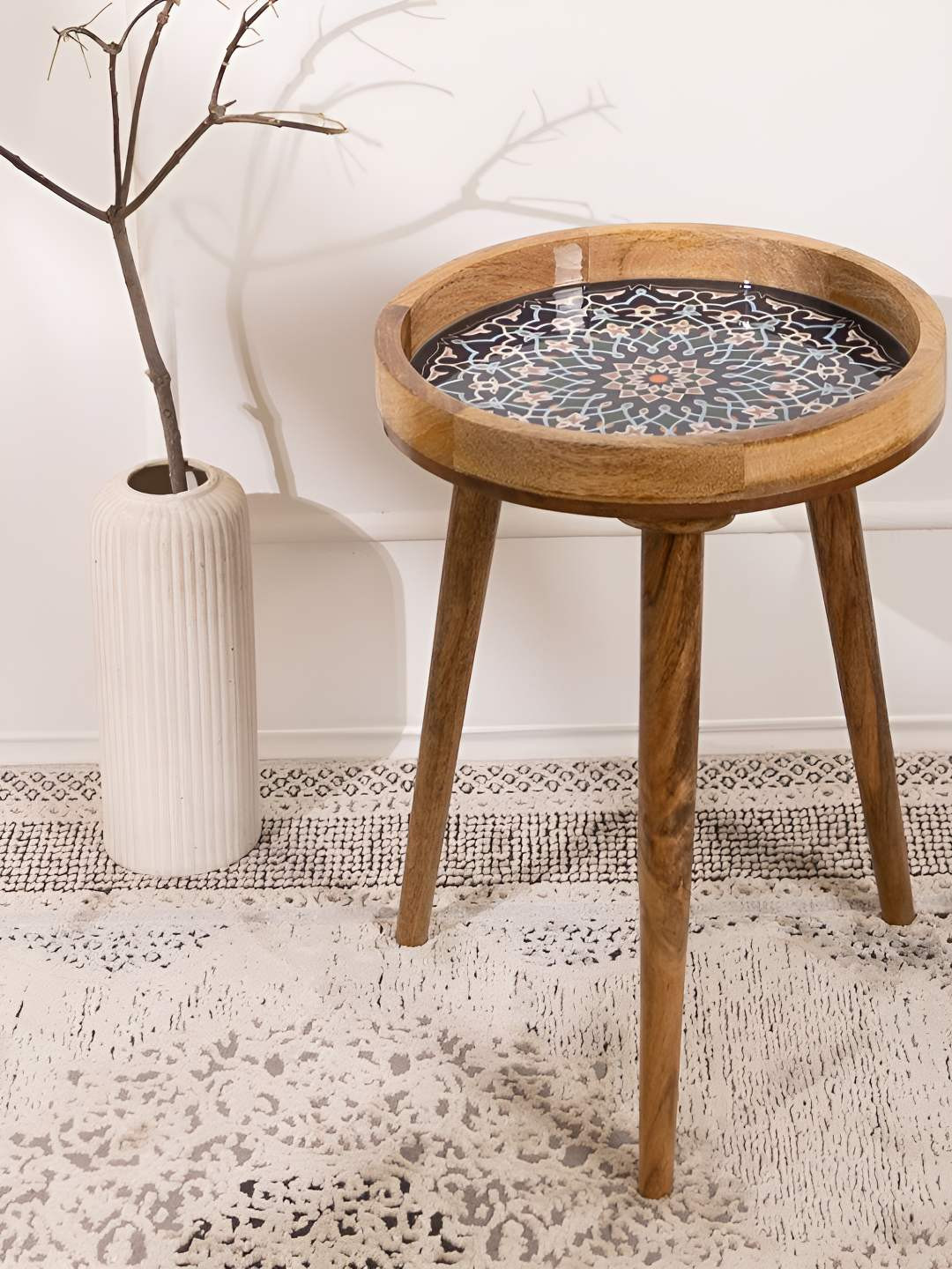 THREADVIBE LIVING Blue & Brown Printed Mango Wood Round Shape End Table Mandala