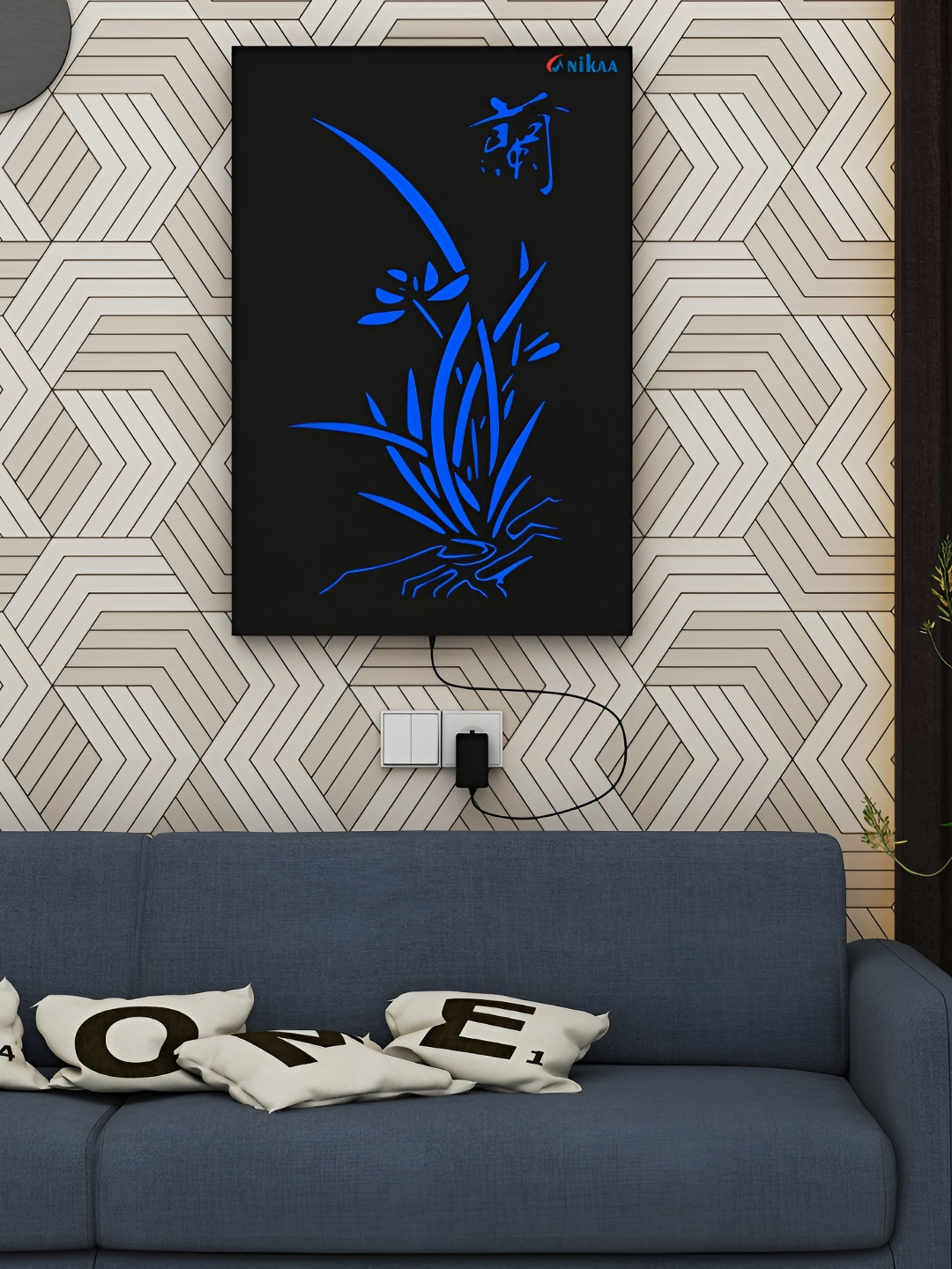 ANIKAA Luminara Black & Blue Floral Zen Wall Art
