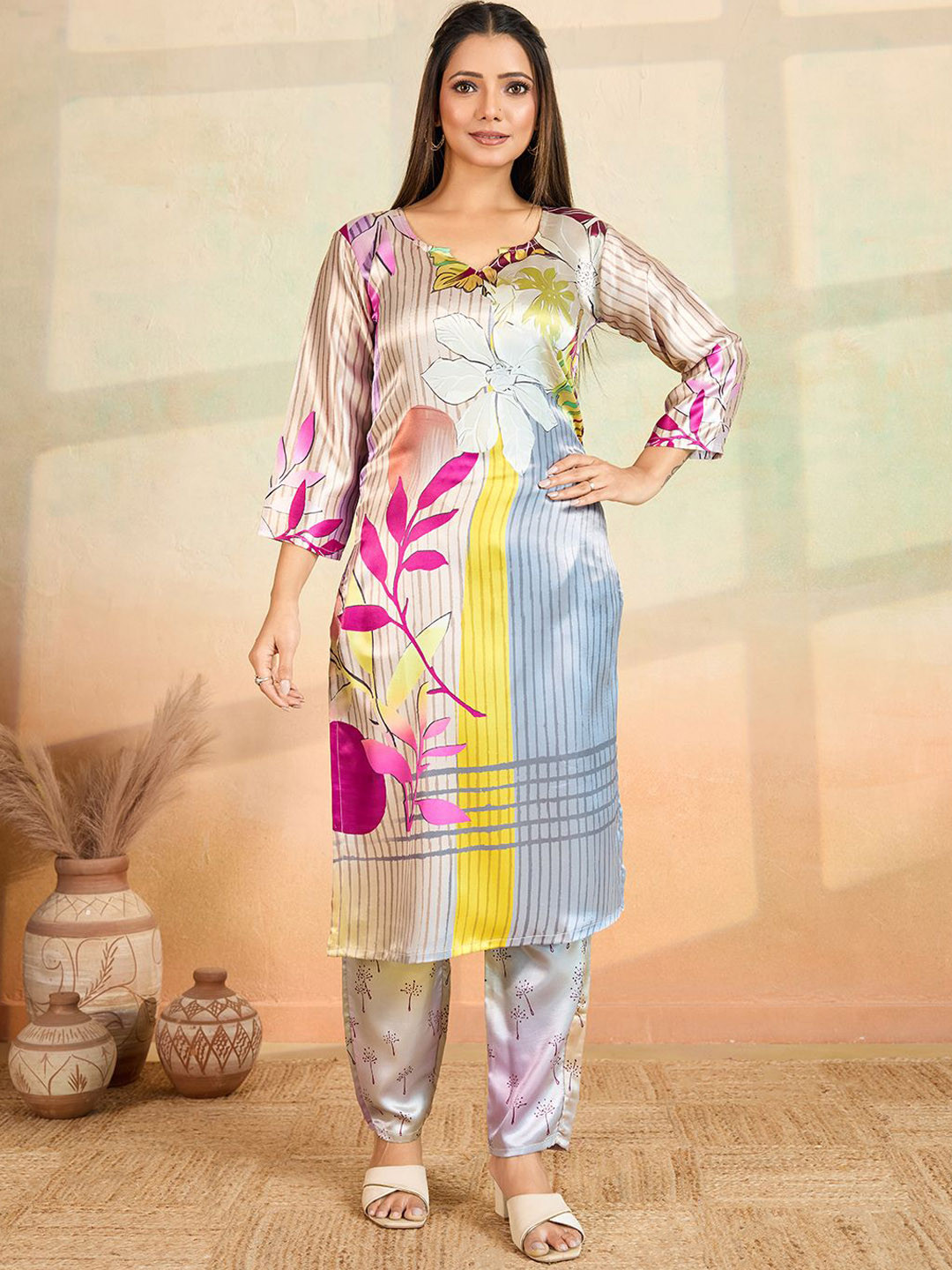 Women Basket Women Floral Printed Regular Straight Calf Length Kurta Set