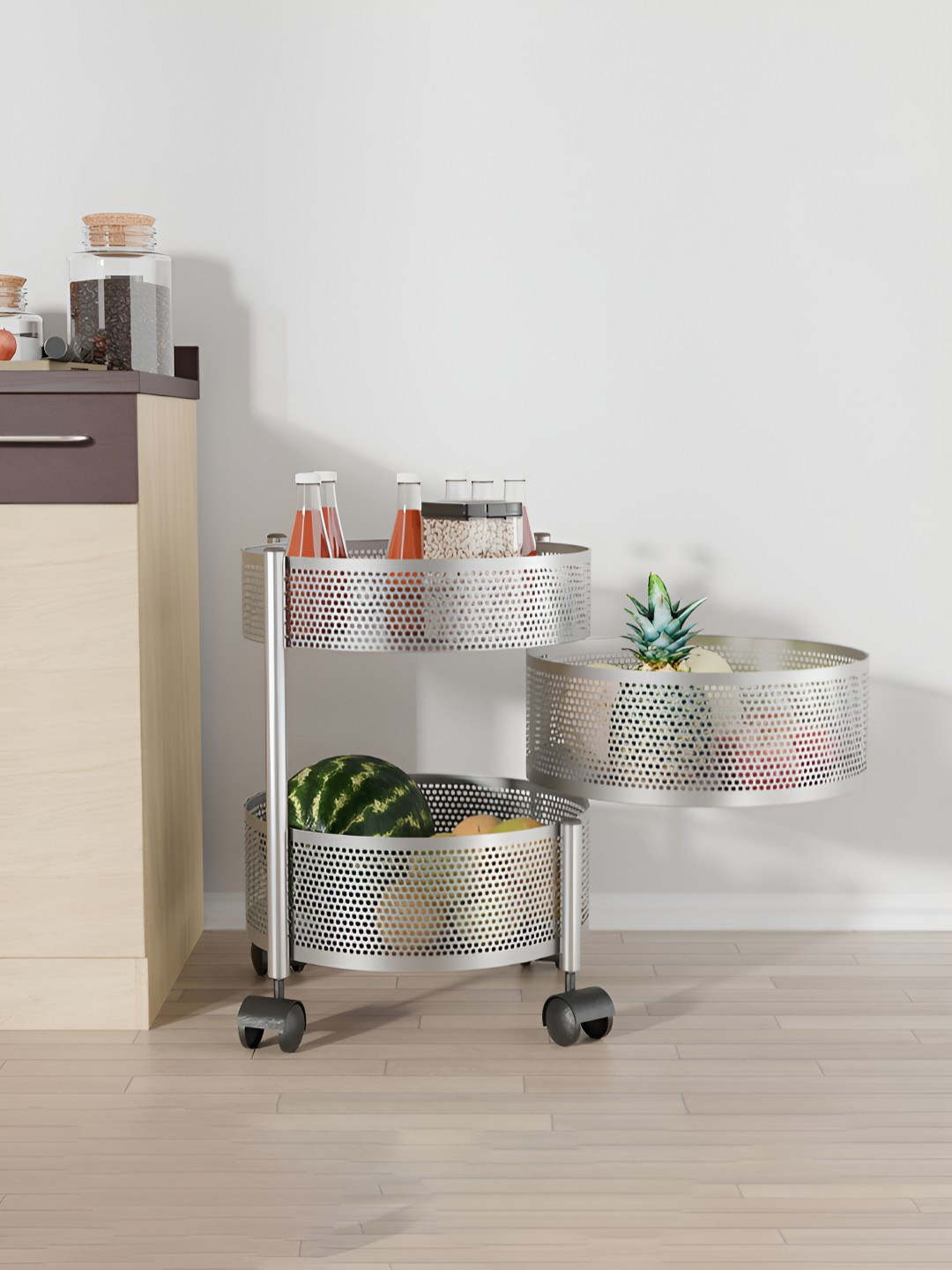 RUBOXA Silver-Toned 2+1 Layer Kitchen Storage Rack With Wheels Round Shape Multi-Purpose Kitchen Organizer