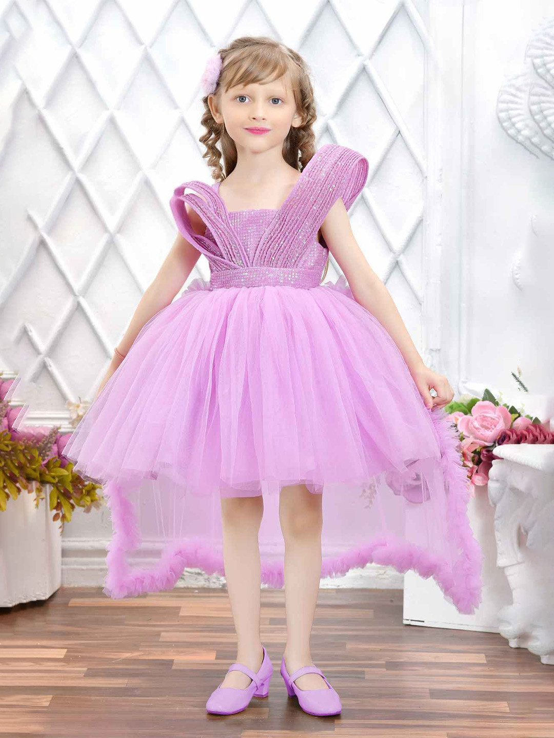 Lagorii Girls Designer Sequined Embellished Net Tailback Frock Dress