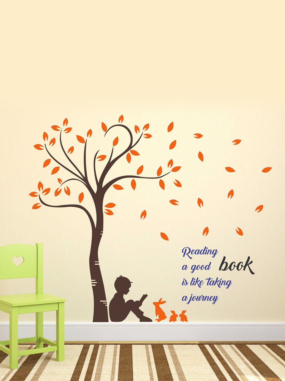 LANSTICK Orange-Colored & Brown Printed Tree With Boy Read Book Wall Sticker