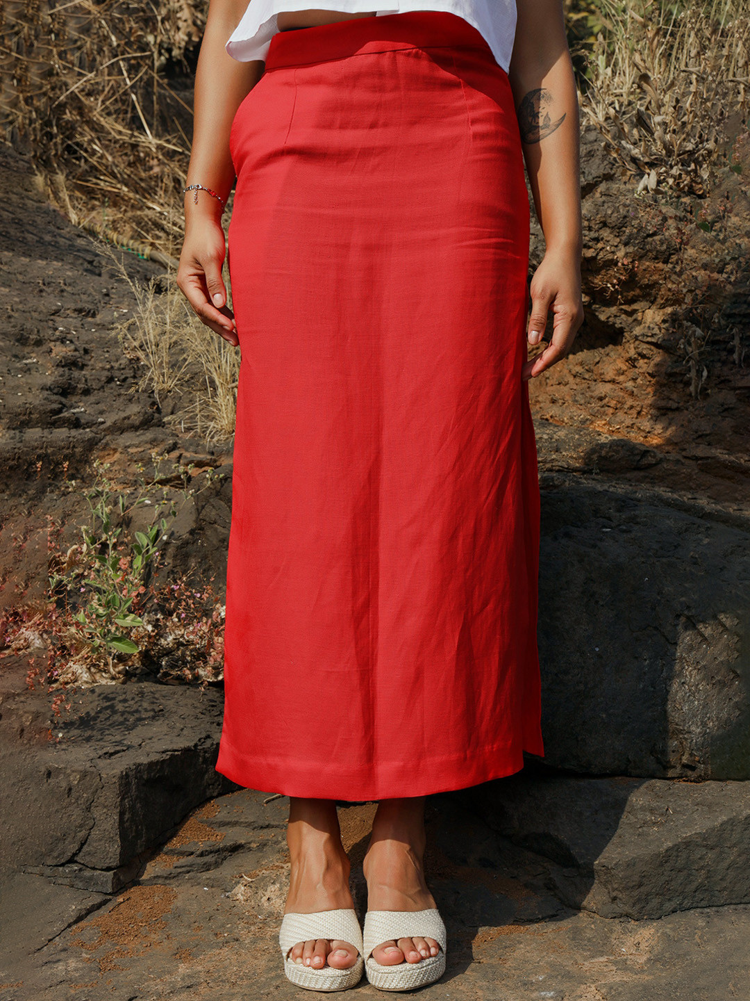 ROAR FOR GOOD Cherry Hemp Pencil Skirt with Waist Belt & Coconut Button