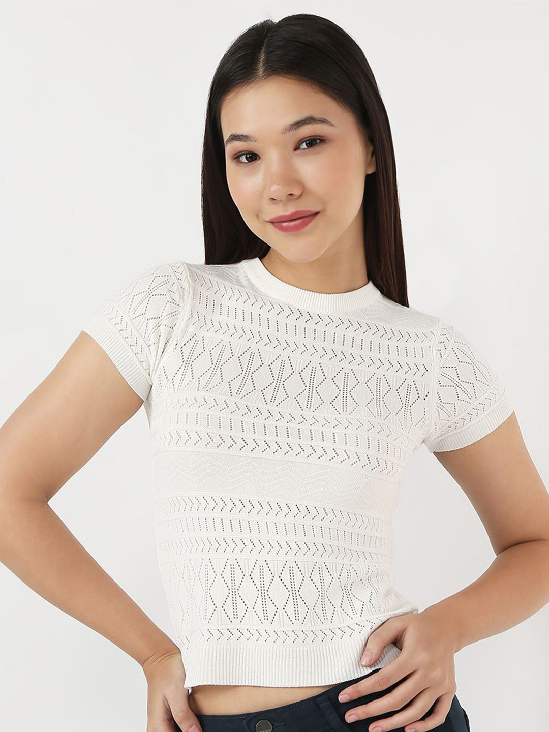 Kraus Jeans FLAT KNIT Women Round Neck Crop Top