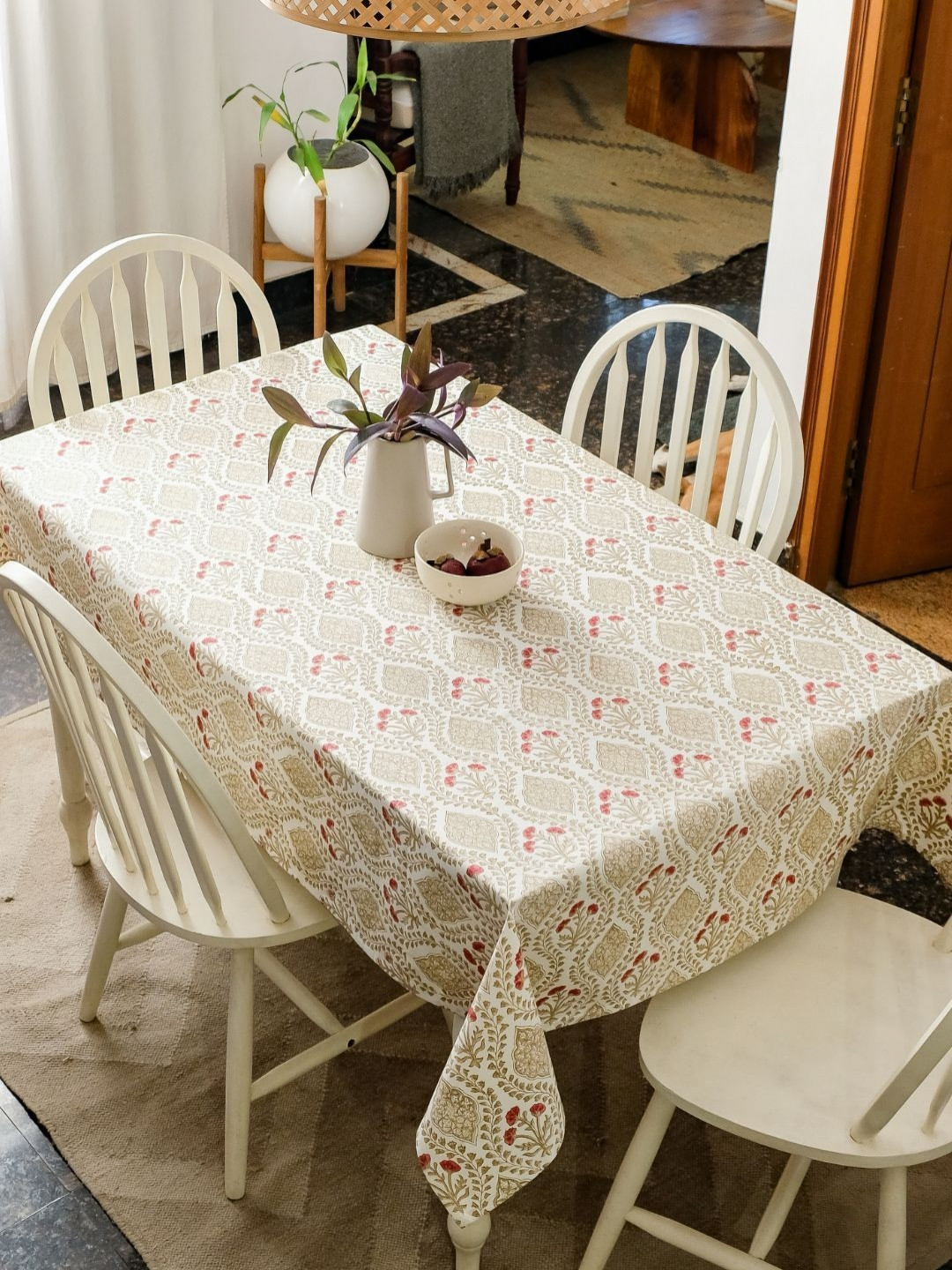 The Yard House Sweet Almond Anti-Slip Wipeable Cotton Rectangle 6-Seater Table Cover