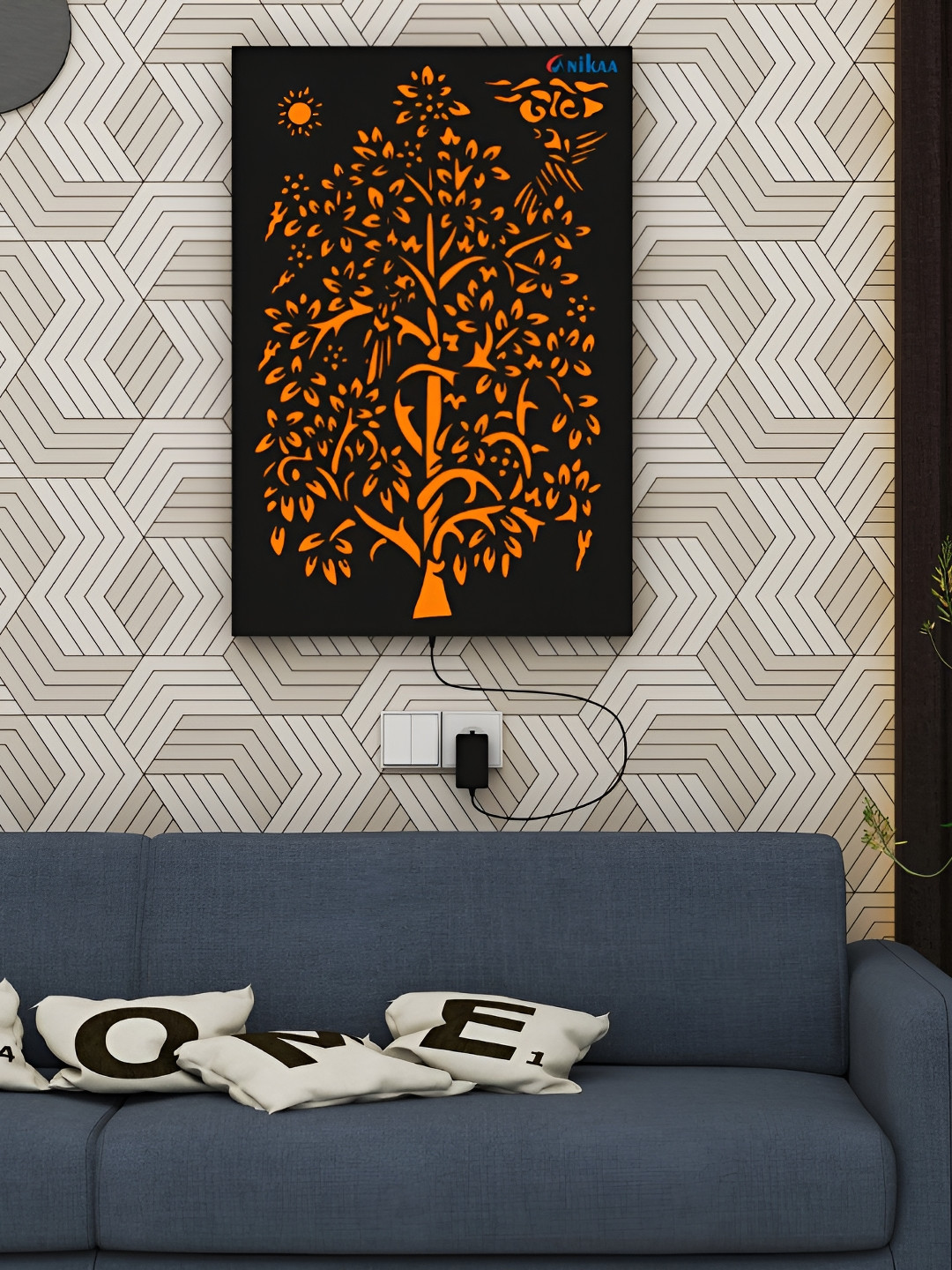 ANIKAA LushGlow Black & Orange-Colored Tree Of Life Wooden Panel Wall Art