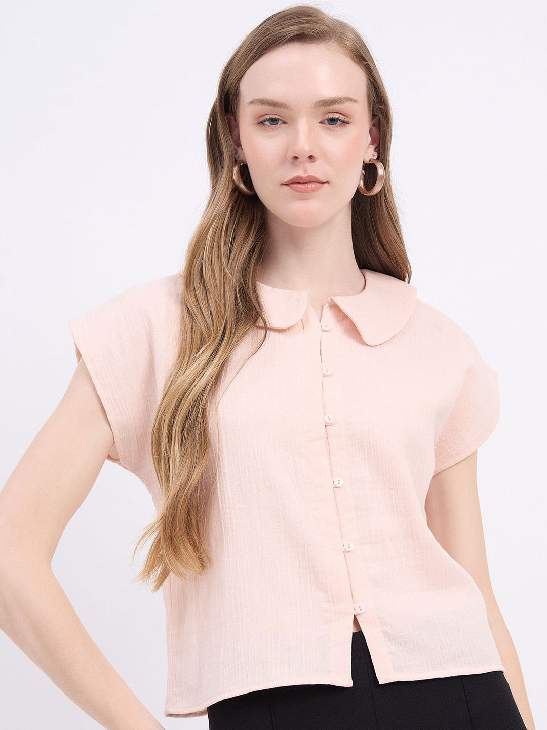 DressBerry Women Peter Pan Collar Extended Sleeves Pure Cotton Shirt Style Top