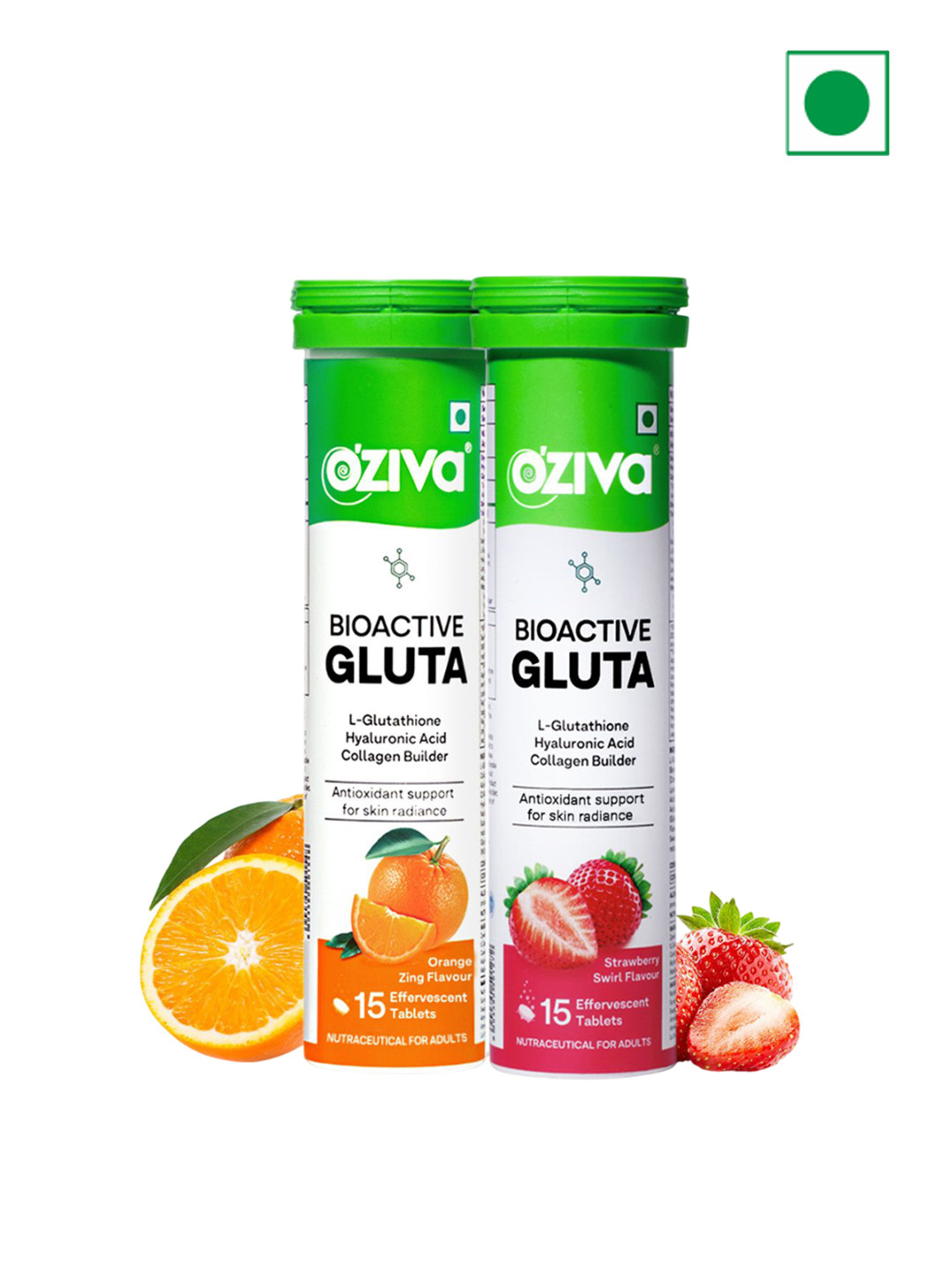 OZiva Set of 2 Bioactive Gluta Fizzy Strawberry & Orange Flavor Tablets - 15 Tablets Each