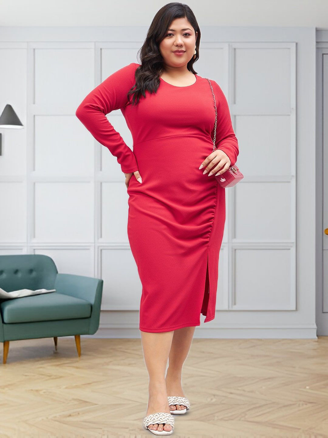 Sztori Women Slits Round Neck Sheath Midi Dress