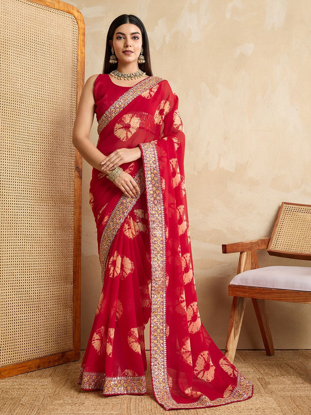 VenderVilla Bandhani Printed Embroidered Border Pure Georgette Saree