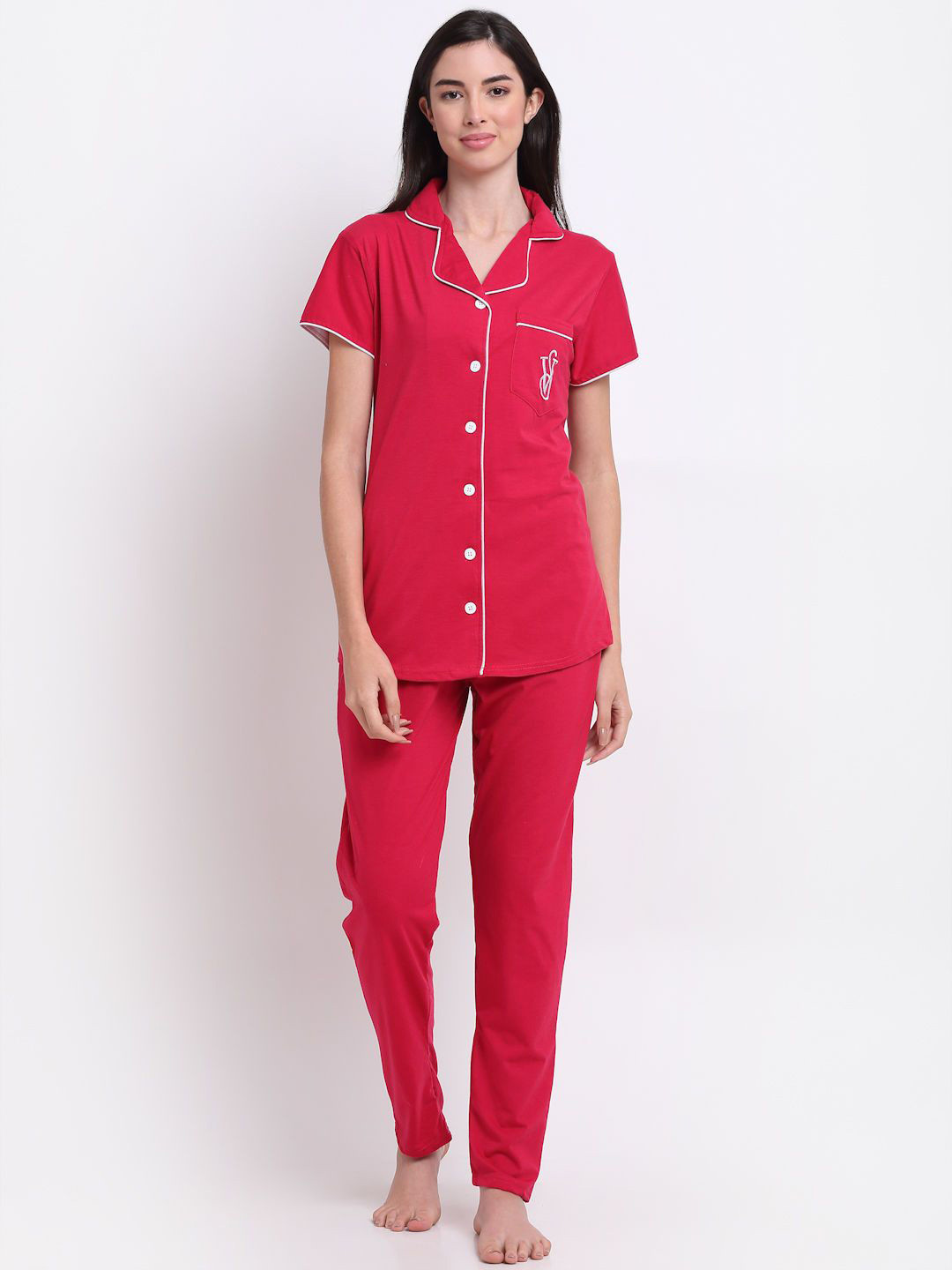 Secret Wish Women Lapel Collar Pure Cotton Night suit