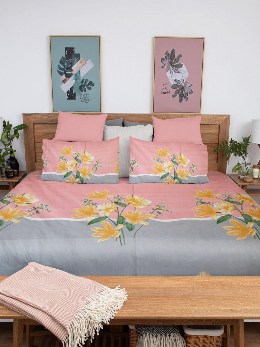 HARYANA HOOPS Pink & Mustard Floral Printed 220 TC Queen Bedsheet Set 2.25 m x 2.50 m