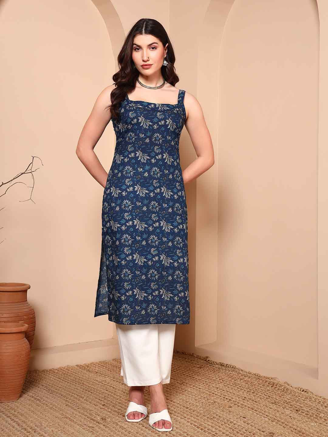 Harts And Darts Floral Printed Shoulder Straps Straight Cotton Kurta