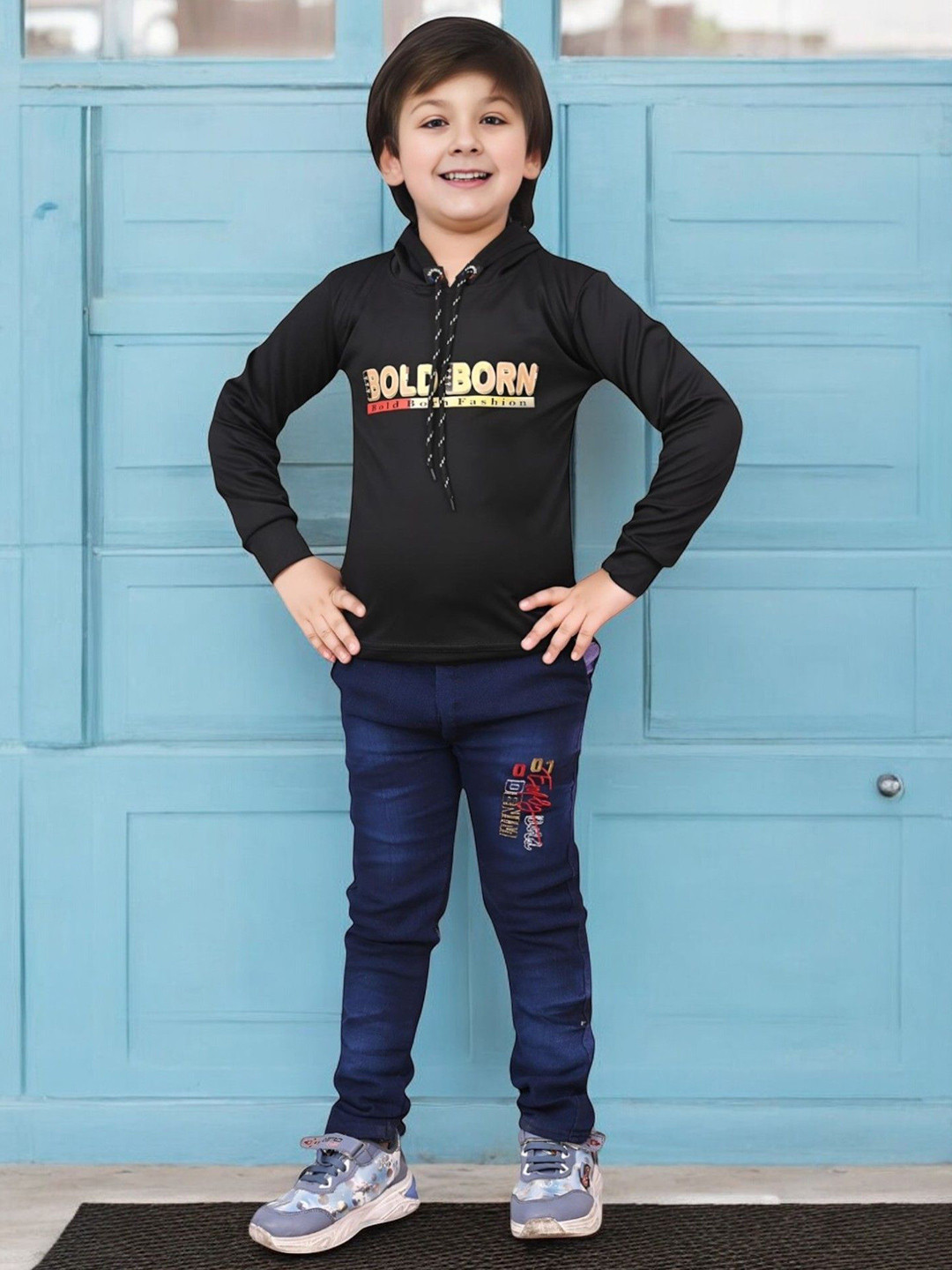 Bold Born Boys Printed Hooded Sweatshirt With Jeans