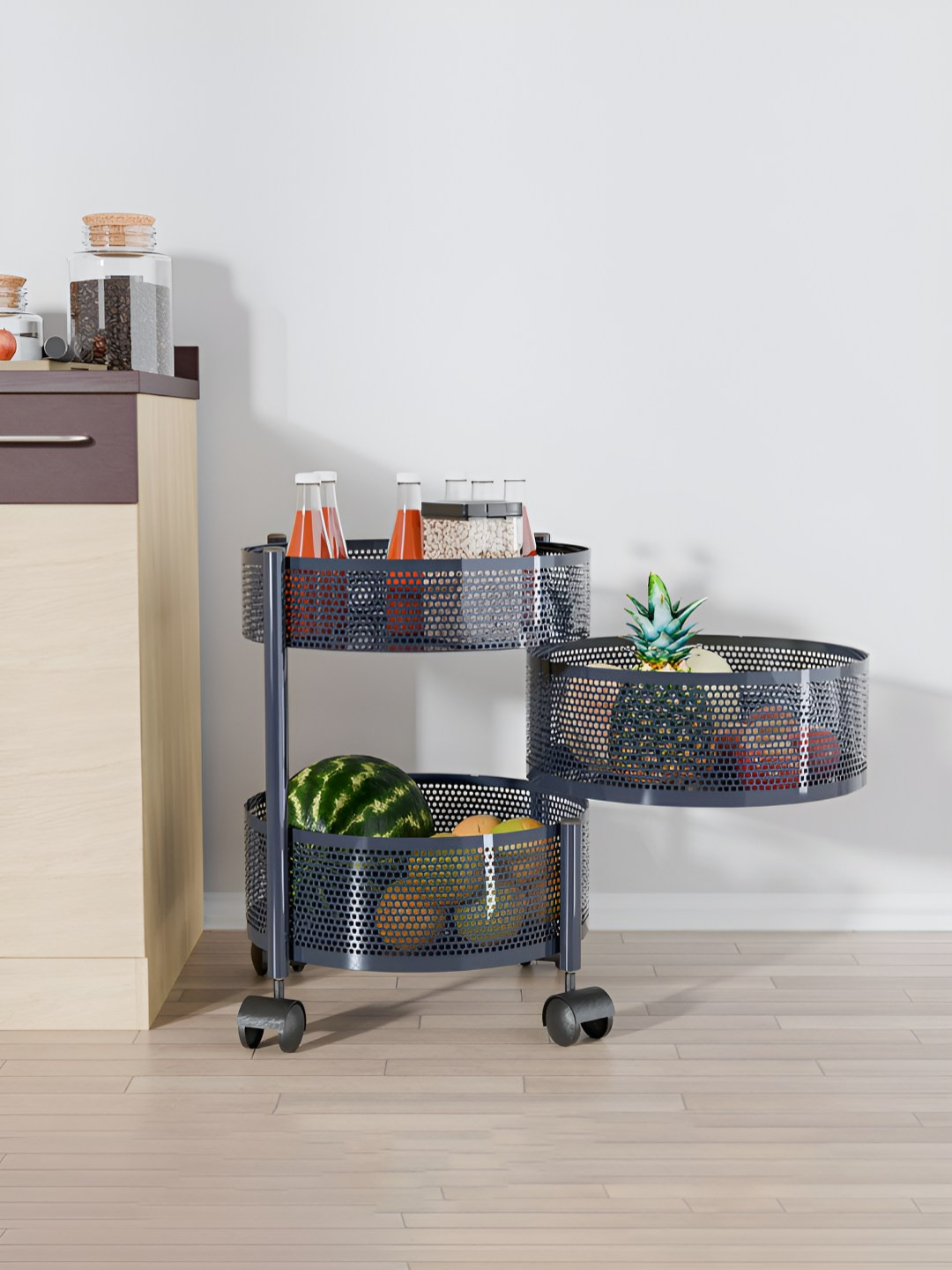 RUBOXA Grey 2+1 Layer Kitchen Storage Rack With Wheels Round Shape Multi-Purpose Kitchen Organizer