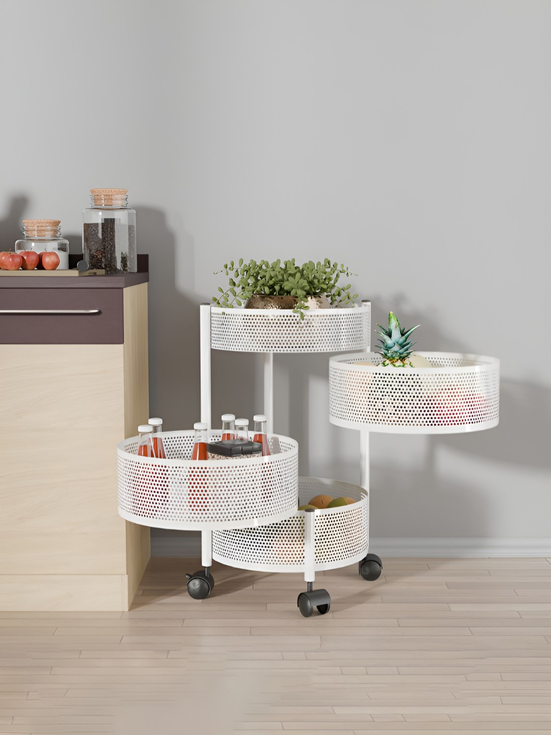 RUBOXA White 3+1 Layer Anti-Rust Round Shape Multi-Purpose Kitchen Organizer