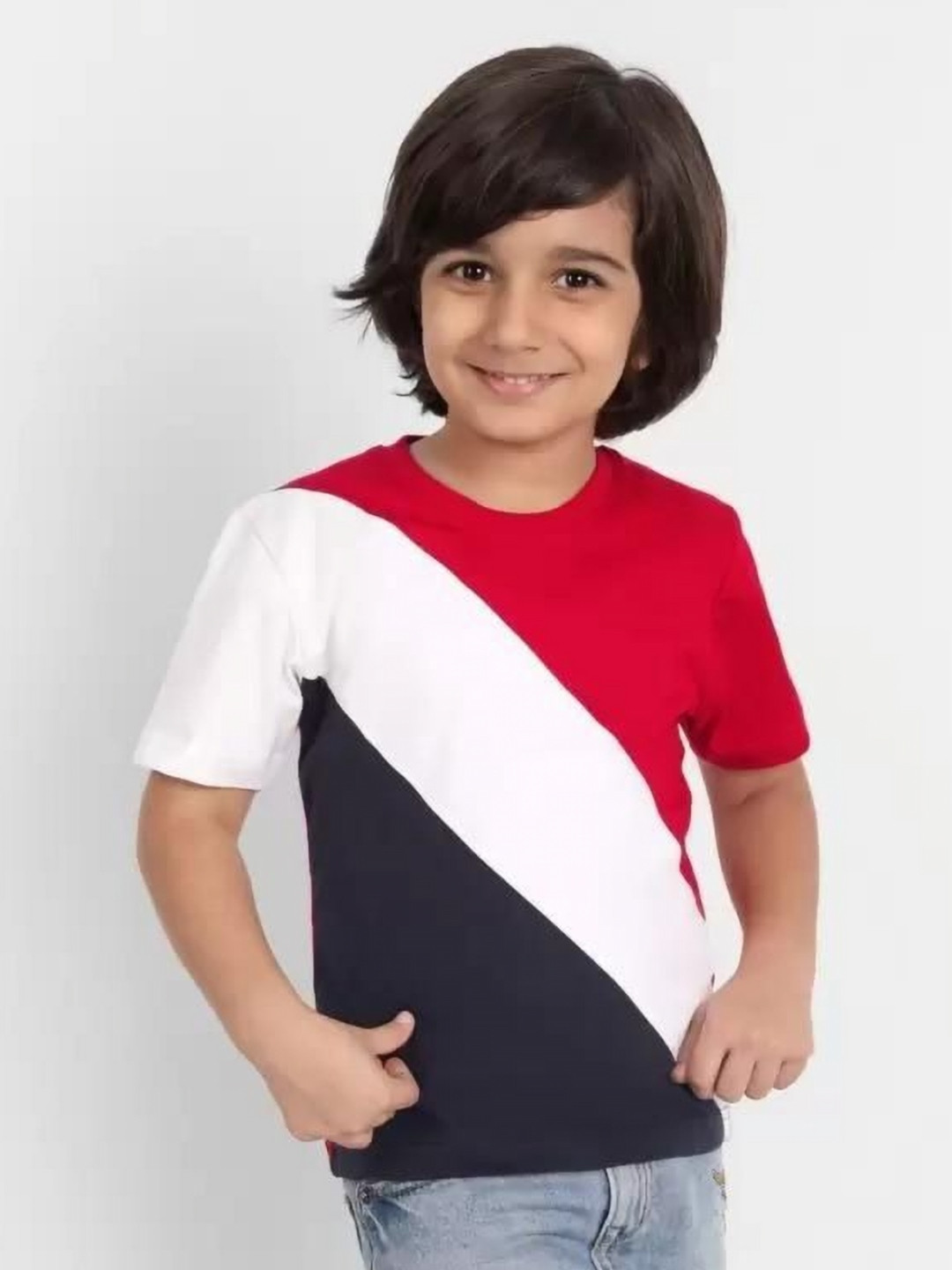 Rotaqo Boys Colourblocked Round Neck Cotton T-shirt