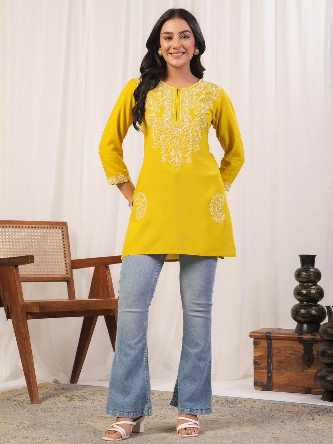 AUTUMN LANE Cyra Amber Women Ethnic Motifs Embroidered Pure Cotton Thread Work Kurti
