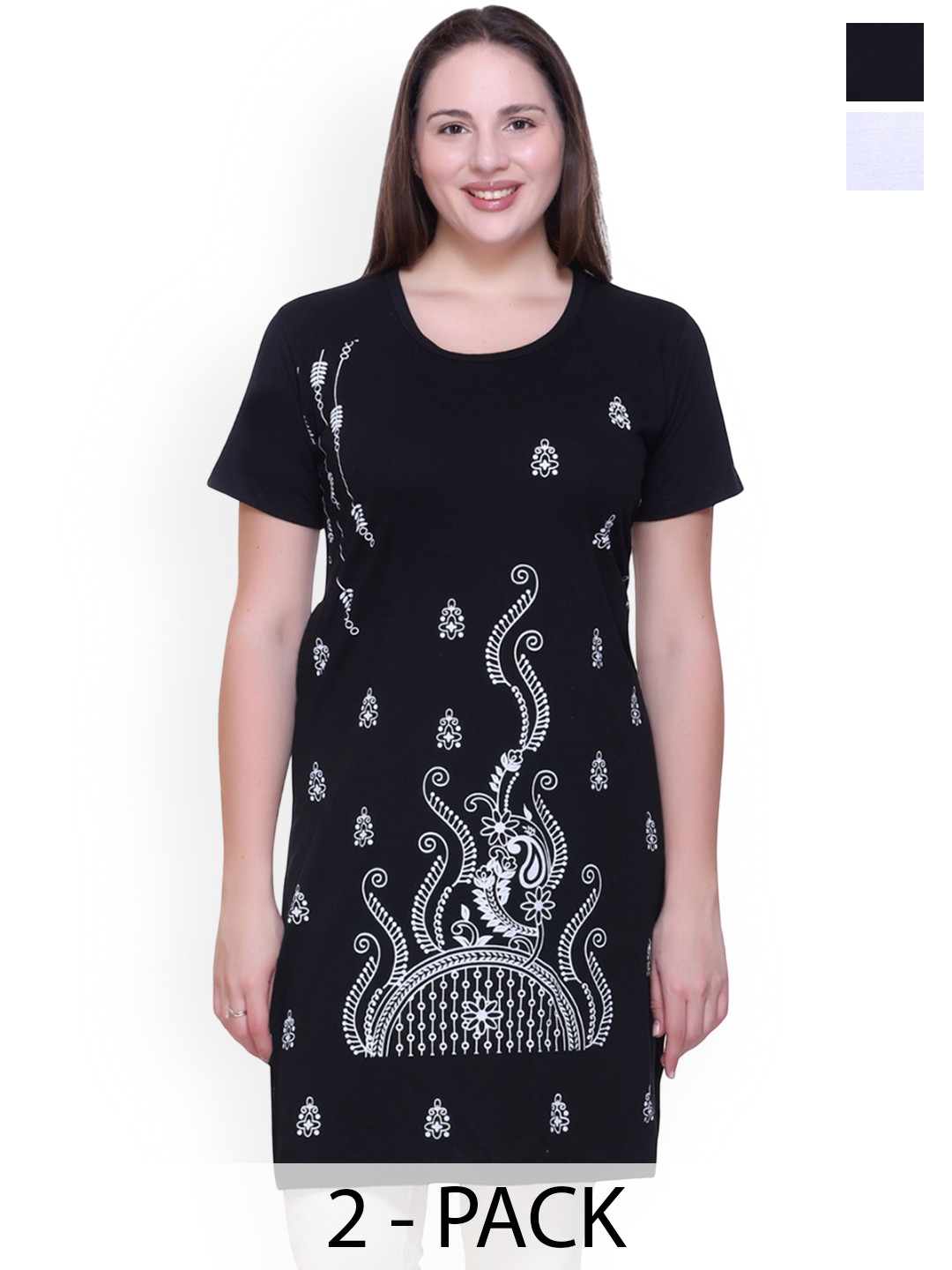 FIRST SLEEP Pack Of 2 Printed Pure Cotton Oversized Long Lounge T-Shirts